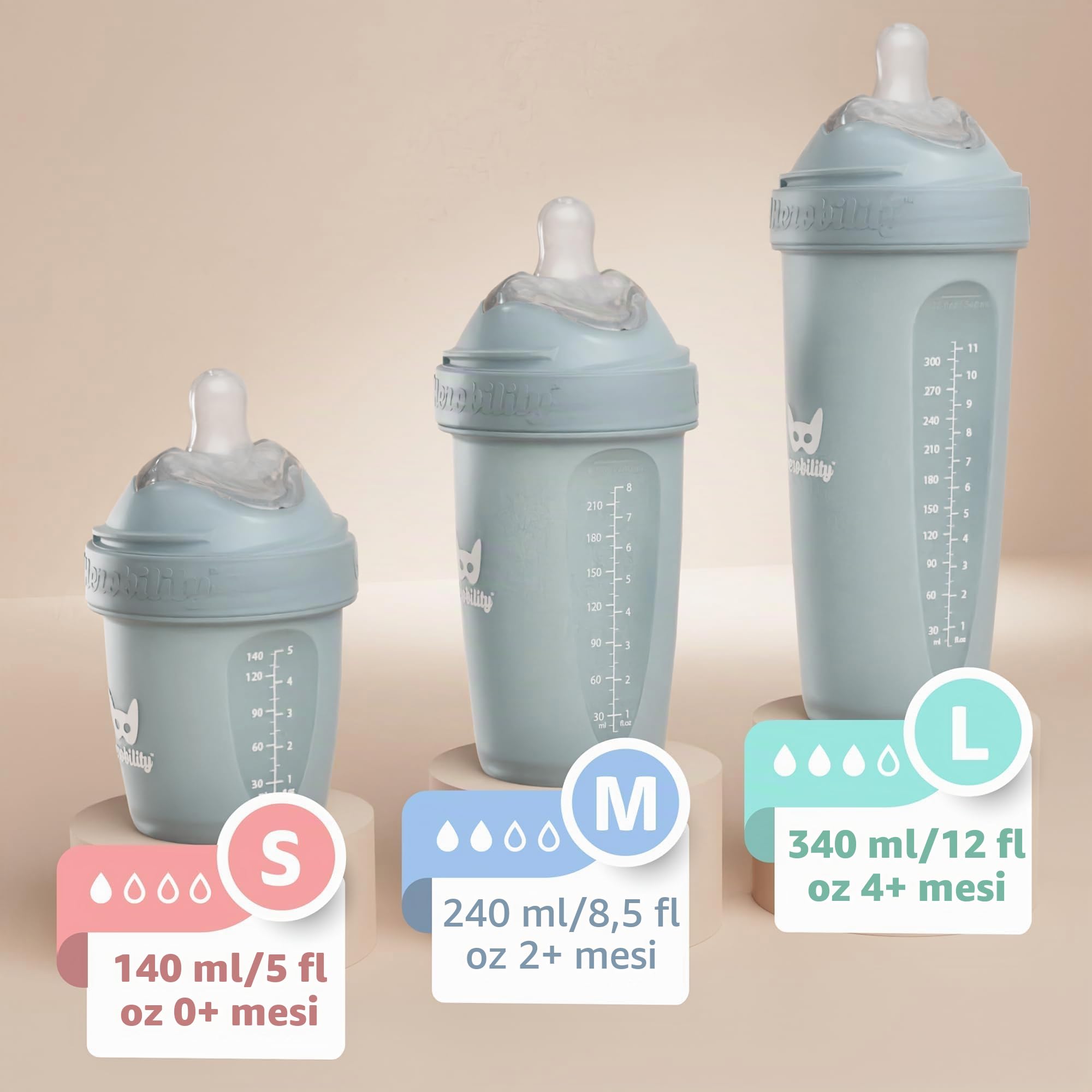 Biberon doppio anticolica Herobility – 12 fl oz/340ml – Confezione da 4 – Biberon multicolore – Bianco, Grigio, Blu Ferro, Blu