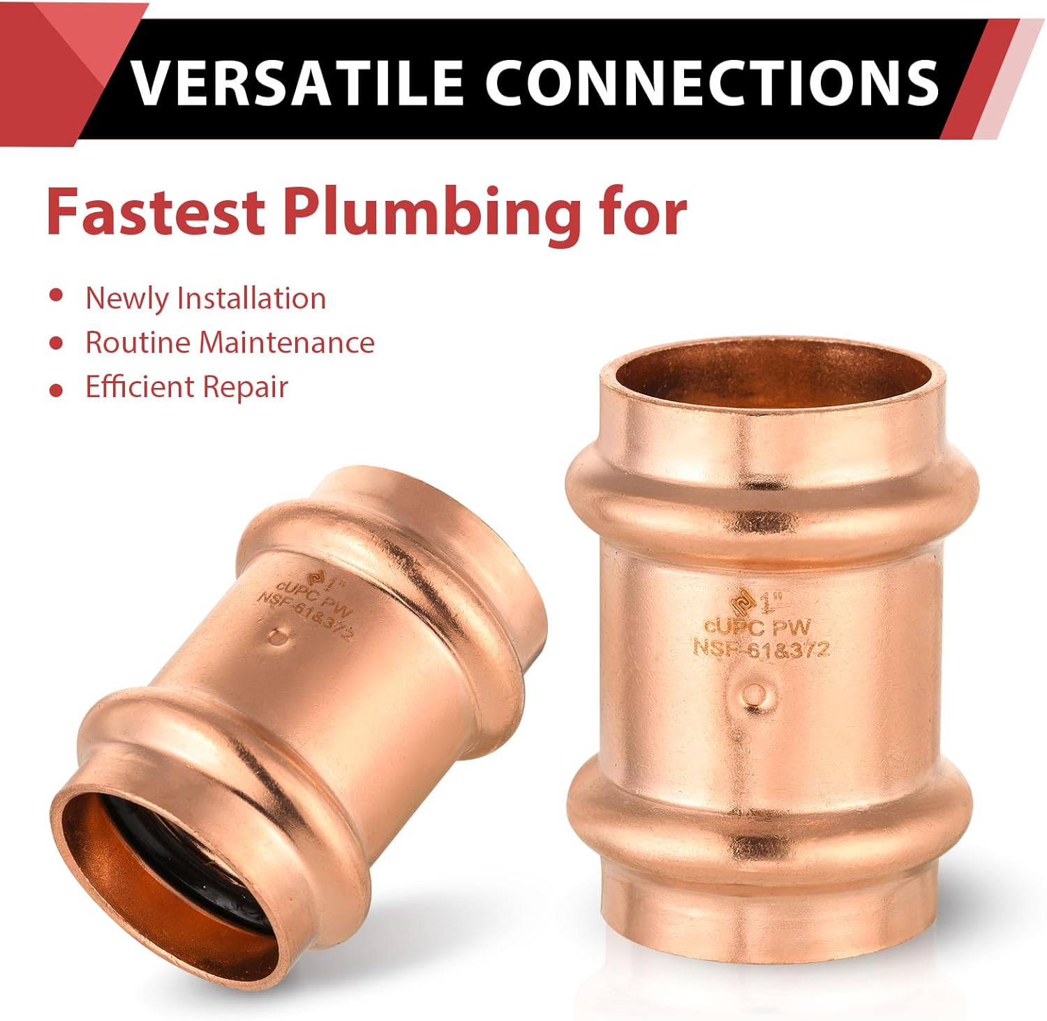 (Pack of 5) EFIELD 1" x 1" Copper Press Fit Coupling Fittings With Stop For Copper Tube Connection,LBP Design,(PRESS014)