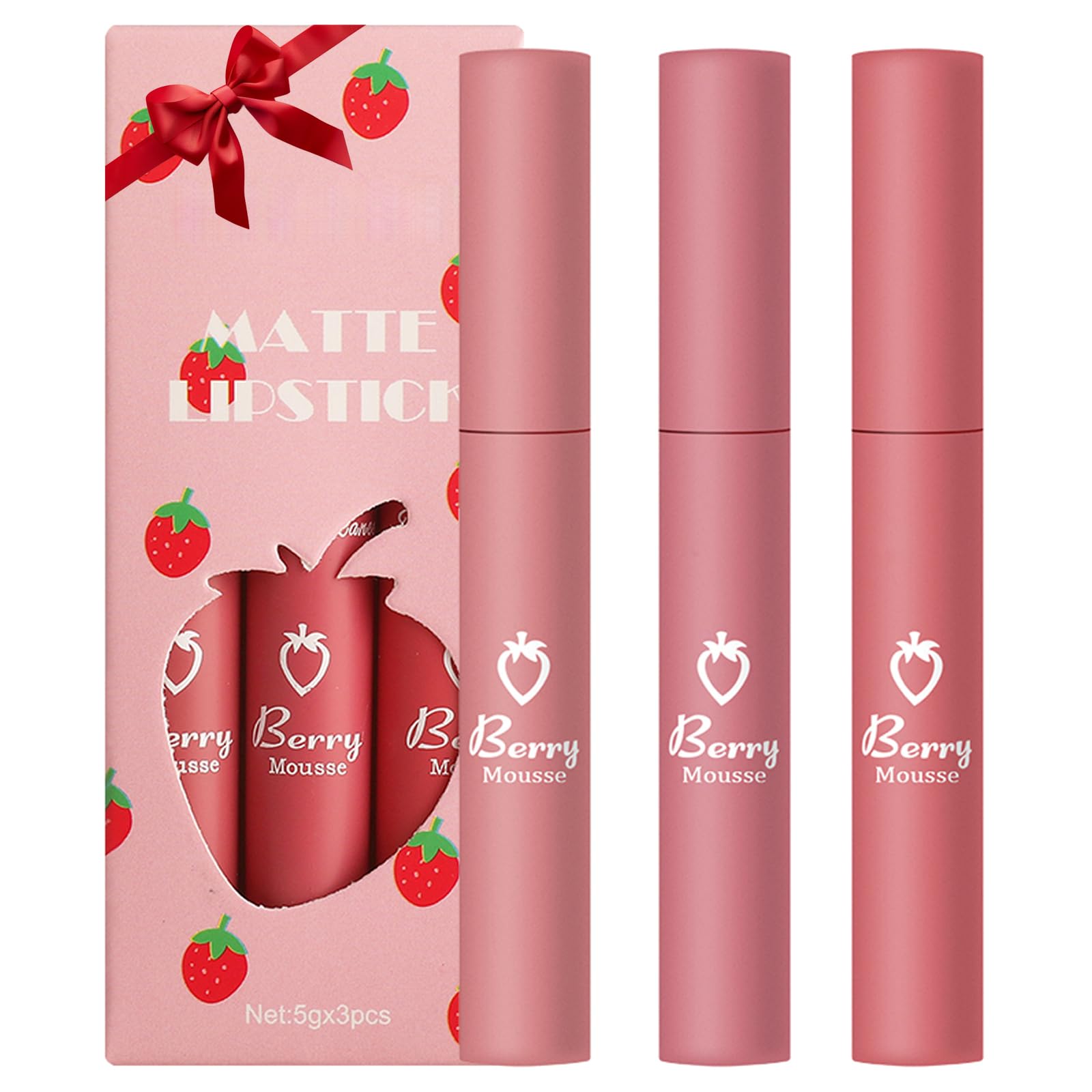 3Pcs Velvet Matte Lipstick Set, Long Lasting Waterproof Lip Stain, 24H Wear Non Stick Cup No Fade Lip Gloss, Dark Red Nude Multi Shades Makeup Gift Set for Women & Girls