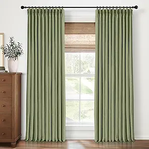 Pinch Pleated Blackout Curtains 90 Inch Long, Linen Blend, 100% Blackout Drapes with 20 Hooks, Ideal for Bedroom and Living Room, 40" W x 90" L (Pack of 2), Sage Green