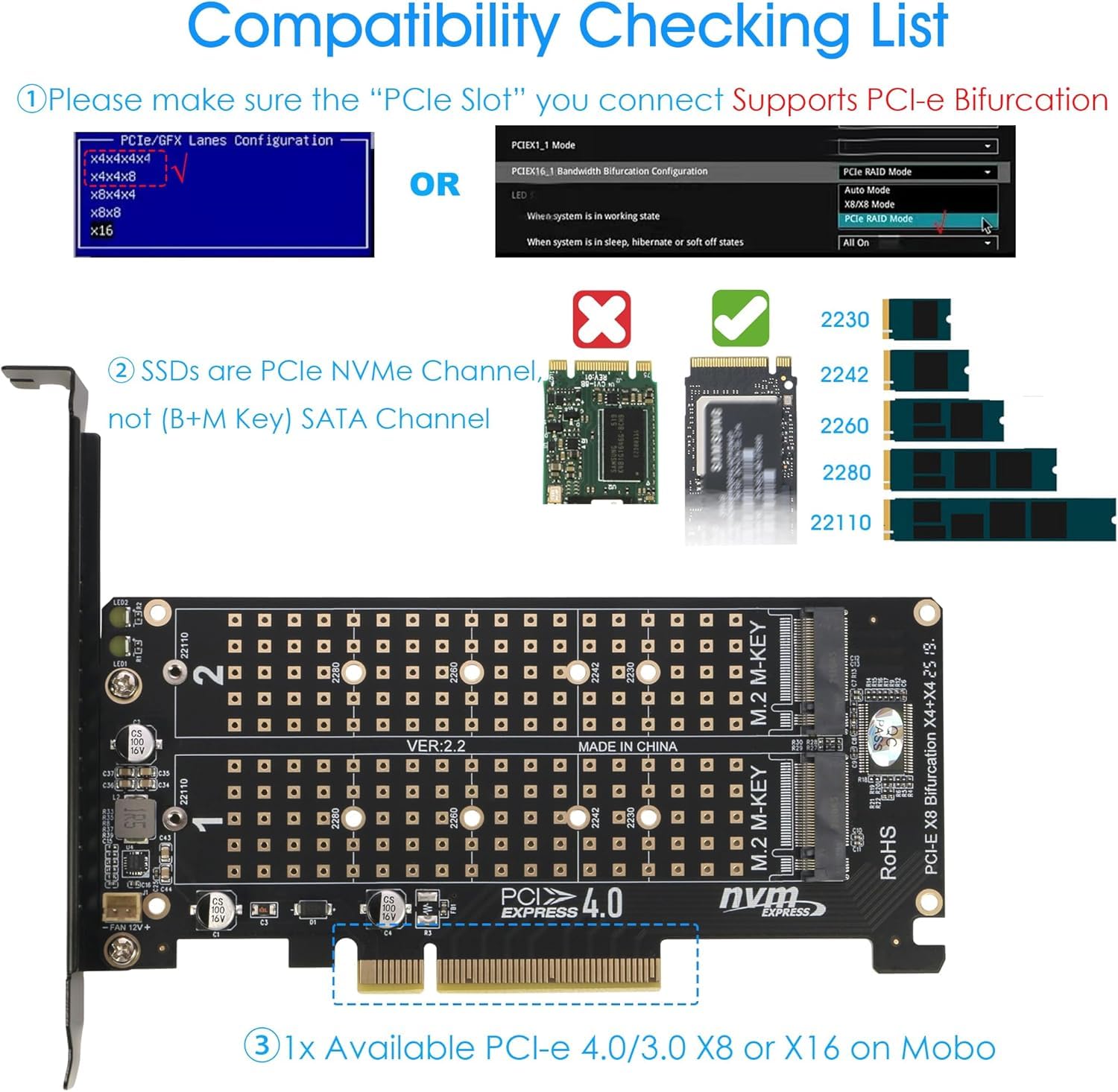 RIITOP Scheda adattatore Dual NVMe a PCIe X8 X16, 2 x 32 Gbps Full Speed, M Key M.2 SSD Reader (PCIE Bifurcation)