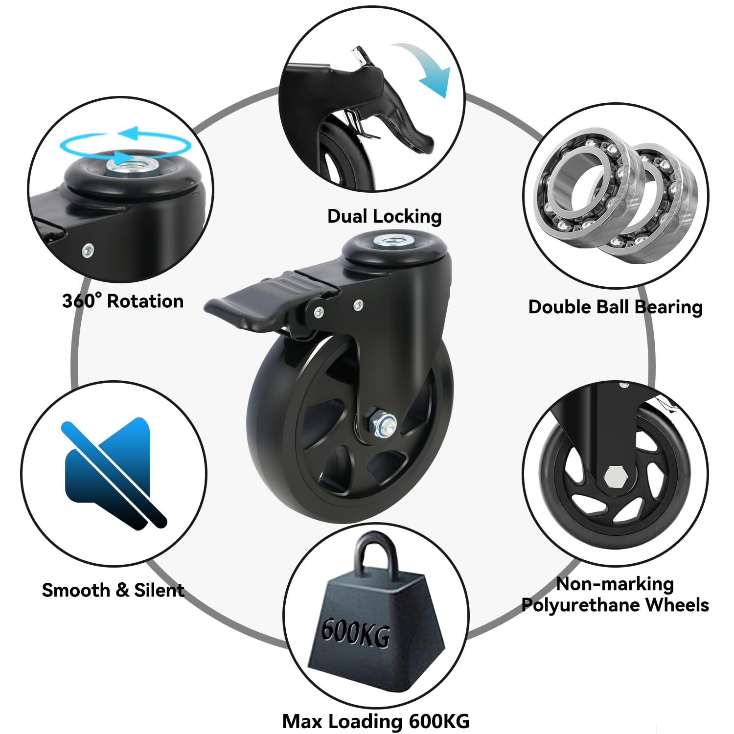 Rotelle per Mobili con Freno, Ruote Girevoli da 125mm con Foro Posteriore M12, Ruote per Il Trasporto, Ruote per Carrello Rotazione di 360 Gradi, Set da 4 Ruote per Mobili Portata 650 Kg