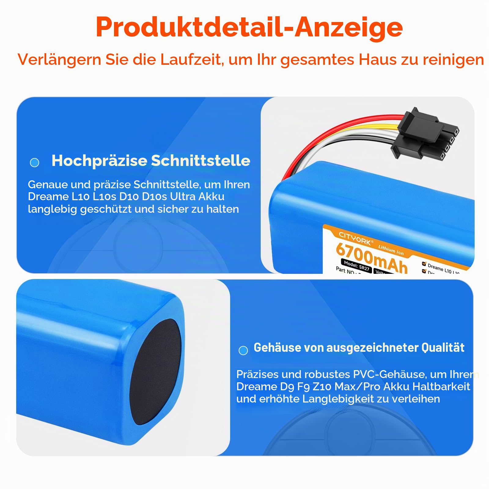 CITYORK 6700mAh Ersatz Akku für Dreame L10s Ultra L10 D10 D10s Z10 Pro/Ultra/Plus, für Dreame D9 F9 Max/Pro, für Xiaomi Robot Vacuum X20+ X10+ Plus/Pro/Max P2008-4S2P-MMBK, für Mijia Roborock S50 S51