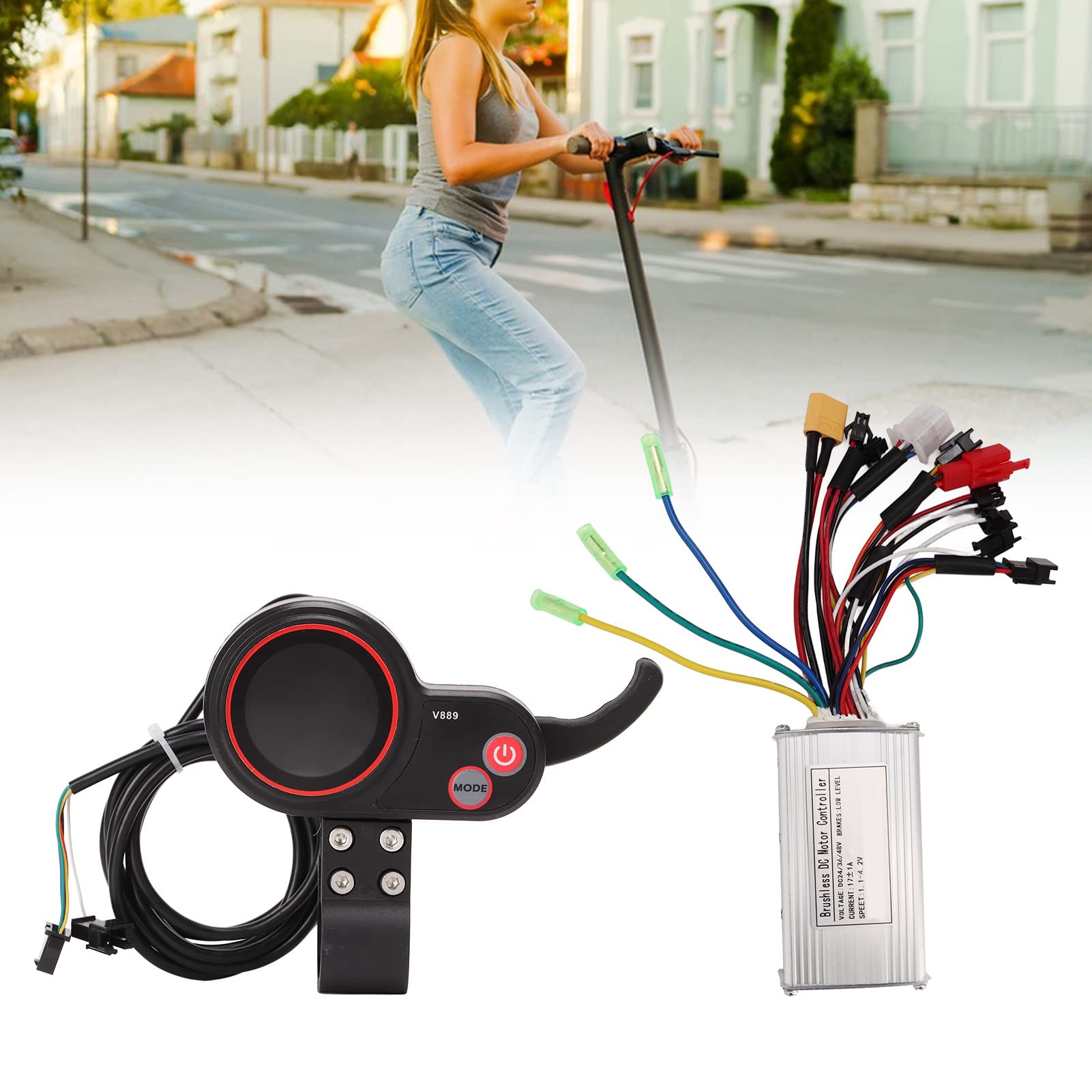 BuyWeek Kit de Contrôleur de Moteur sans Balais de Scooter Électrique pour KUGOO M4, 24V 36V 48V 250W 350W 17A Contrôleur d'onde Sinusoïdale à 3 Modes avec Panneau d'Affichage LCD Couleur V889
