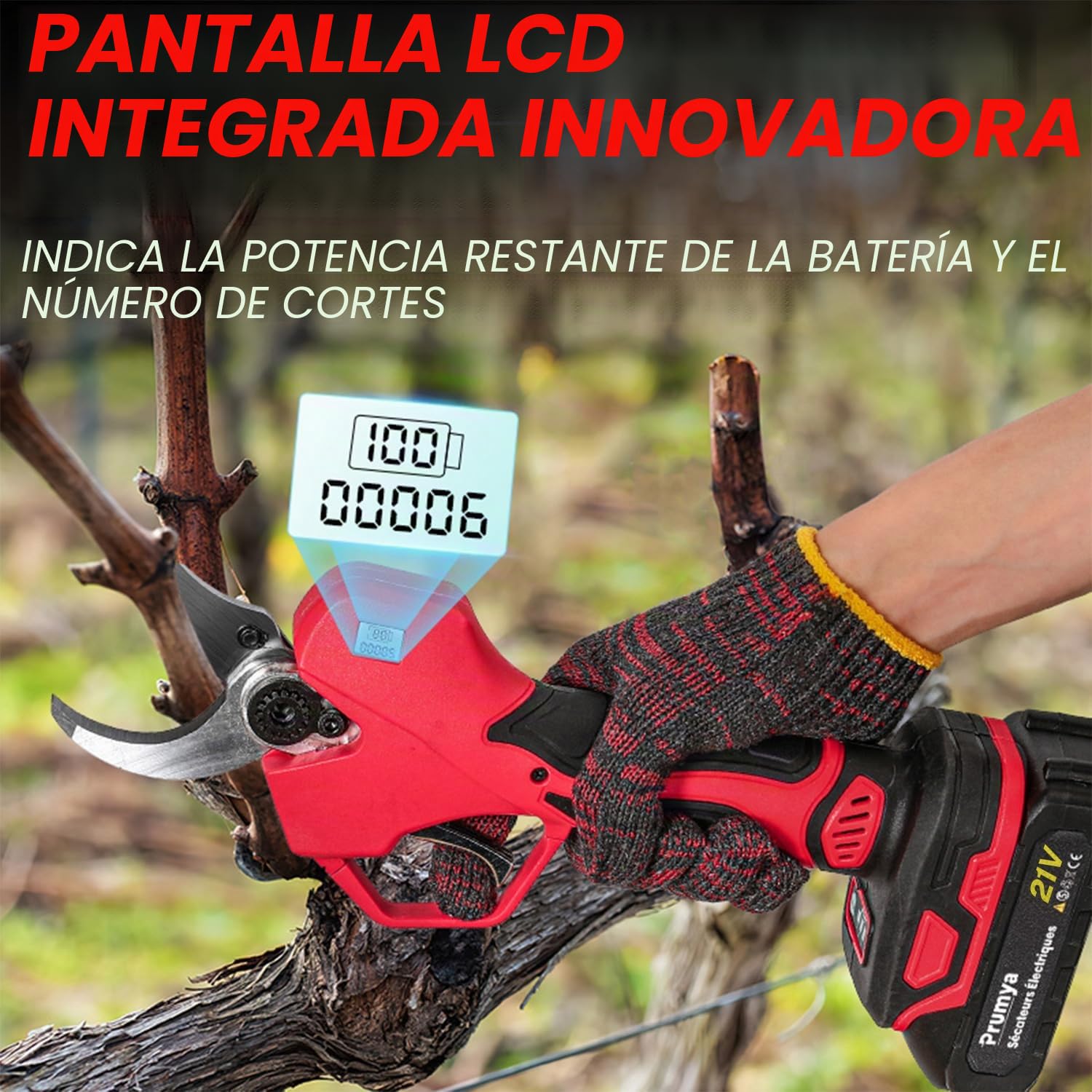 50 mm Tijeras eléctricas inalámbricas sin escobillas 21 V, tijeras eléctricas con pantalla, tijeras de podar profesionales con 2 baterías de 1,5 Ah para jardines, ramas y árboles frutales (2 baterías)