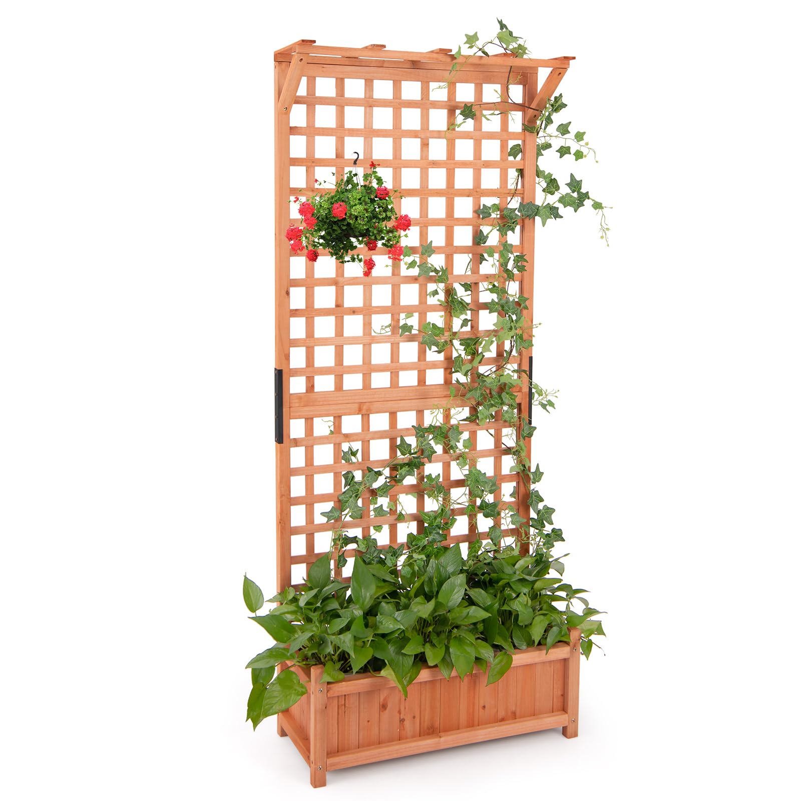 GOPLUS Jardinera con Enrejado 183cm de Madera de Abeto, Agujero de Drenaje para Plantas Trepadoras, Flores, Cama de Jardín Elevada para Patio, Terraza, Balcón, Huerto Urbano Exterior (75x33x183cm)