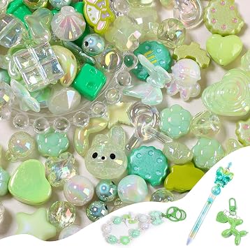 45-60PCS Large Acrylic Green Glitter Assorted Beads for Bracelet Making UV Plating Focal Beads for Pens Round Flower Bow Bear Heart Star Square Cute Bead for DIY Jewelry Necklace Keychain Phone Charm