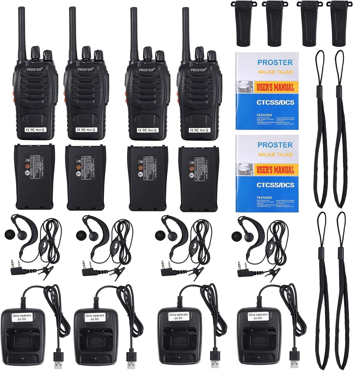 Proster Walkie Talkie PMR446 Senza Licenza Ricaricabili Set 4 Ricetrasmittenti Portatili 16 Canali VOX Torcia LED Auricolari Batteria 1500mAh per Lavoro Outdoor Famiglia Bambini | Set 4 Ricetrasmittenti Portatili 16 Canali VOX Torcia LED Auricolari Batter