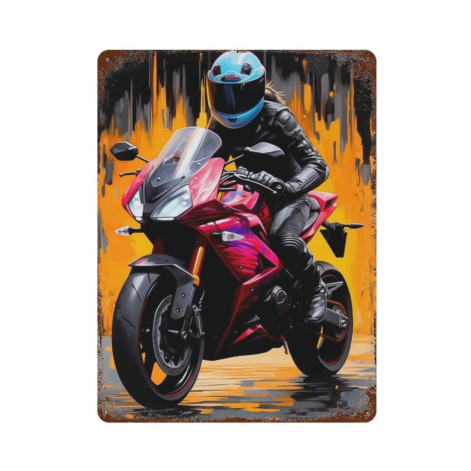 Rust Effect Rider in Leather on Red Motorcycle Rustic Tin Plaque 15.7"x11.8", Classic Wall Plaque for Shed, Workshop And Garage Wall Decor