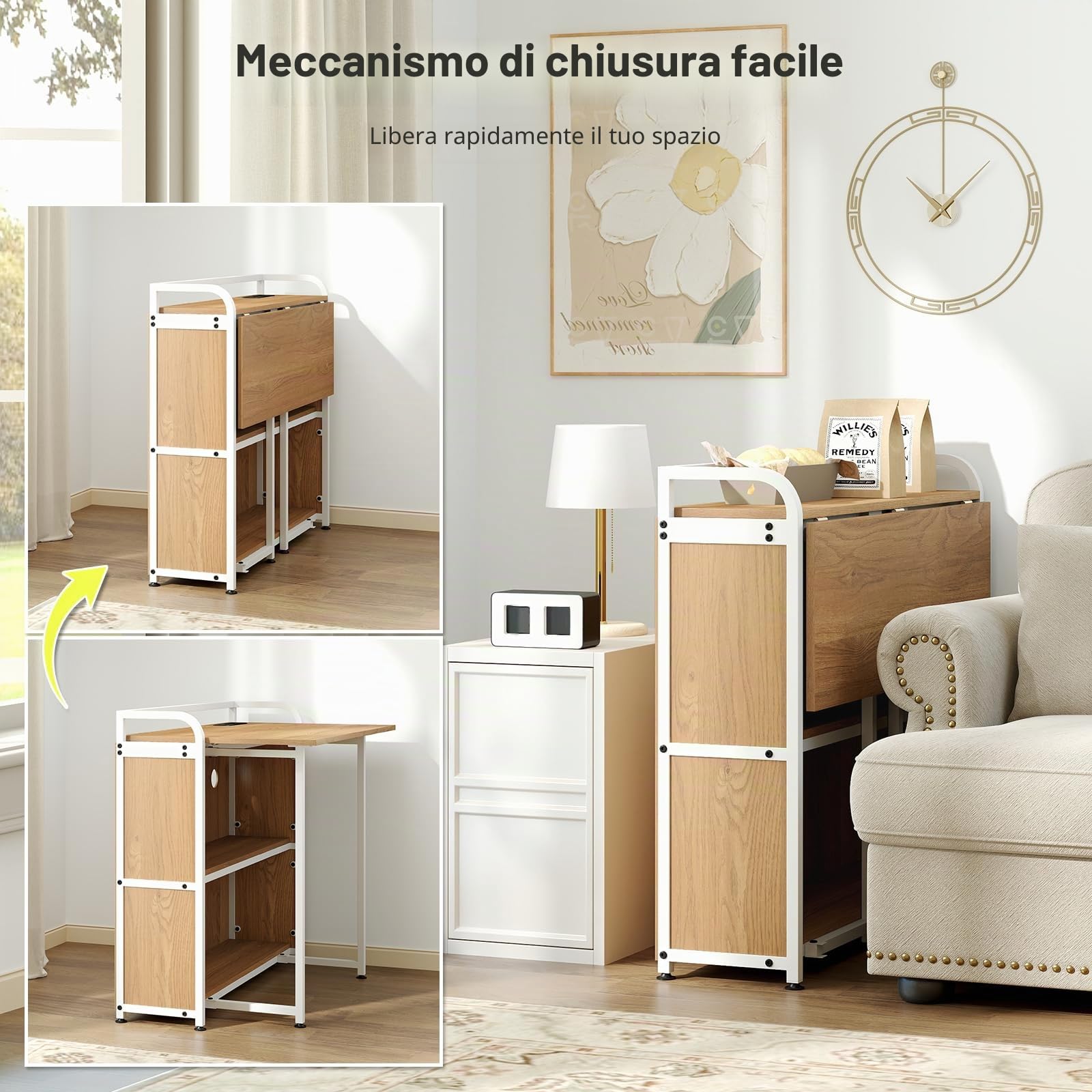 LIFEZEAL Scrivania pieghevole con sgabello, scrivania per computer con 2 ripiani, prese, porta USB e tipo C, salvaspazio, tavolo da ufficio per casa, studio (naturale)