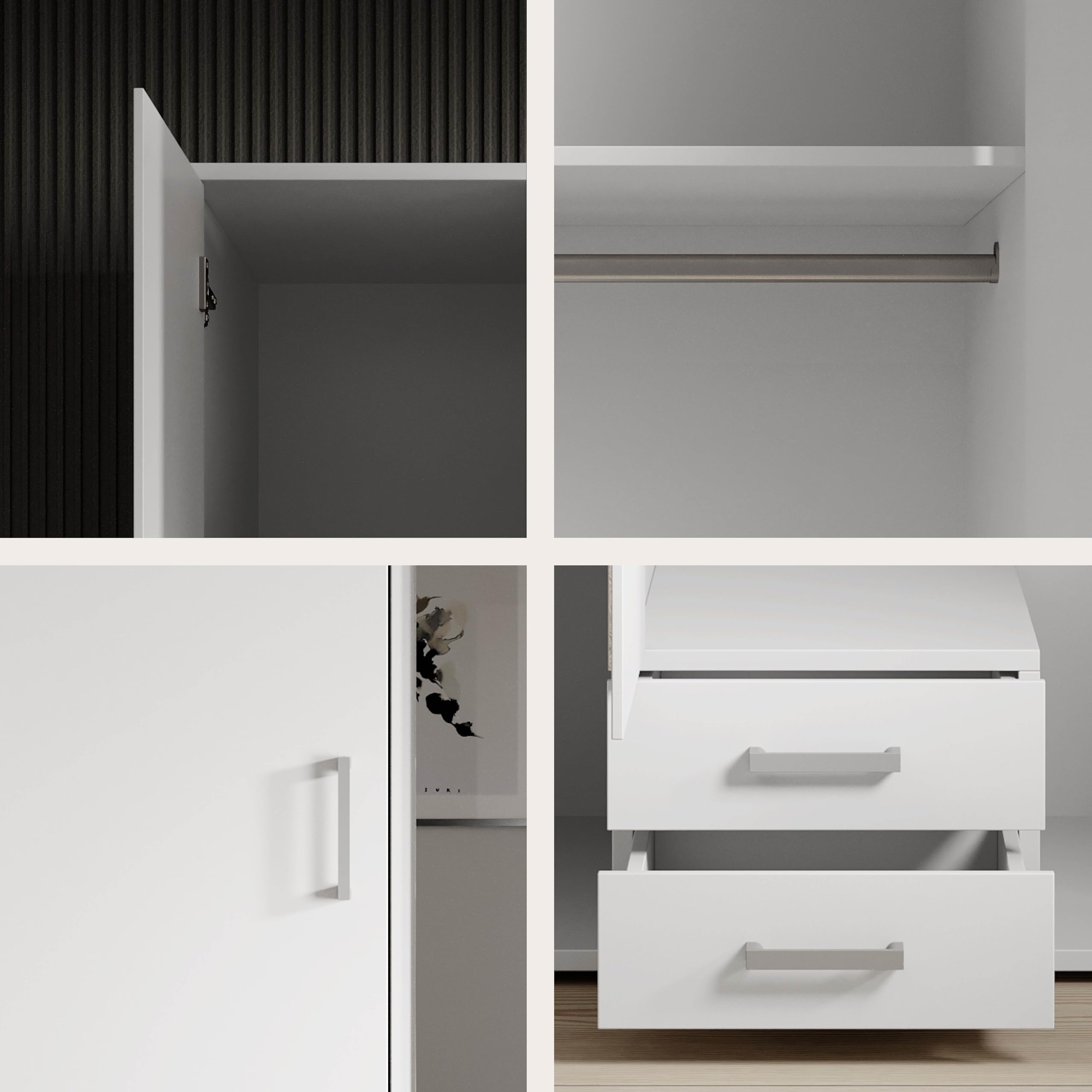 Stella Trading KARL Eleganter Kleiderschrank 3-türig mit viel Stauraum - Vielseitiger Drehtürenschrank in Weiß mit Spiegeltür - 120 x 195 x 55 cm (B/H/T)