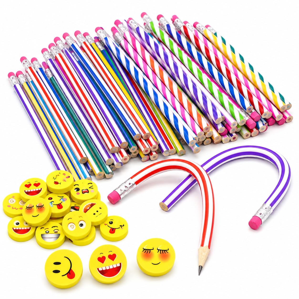 48 Pcs Flexible Bendy Pencil & Funny Face Eraser Set, 24 Soft Bendable Pencils + 24 Funny Face Erasers, School Stationery for Kids, Party Bag Fillers, Party Favours & Gifts