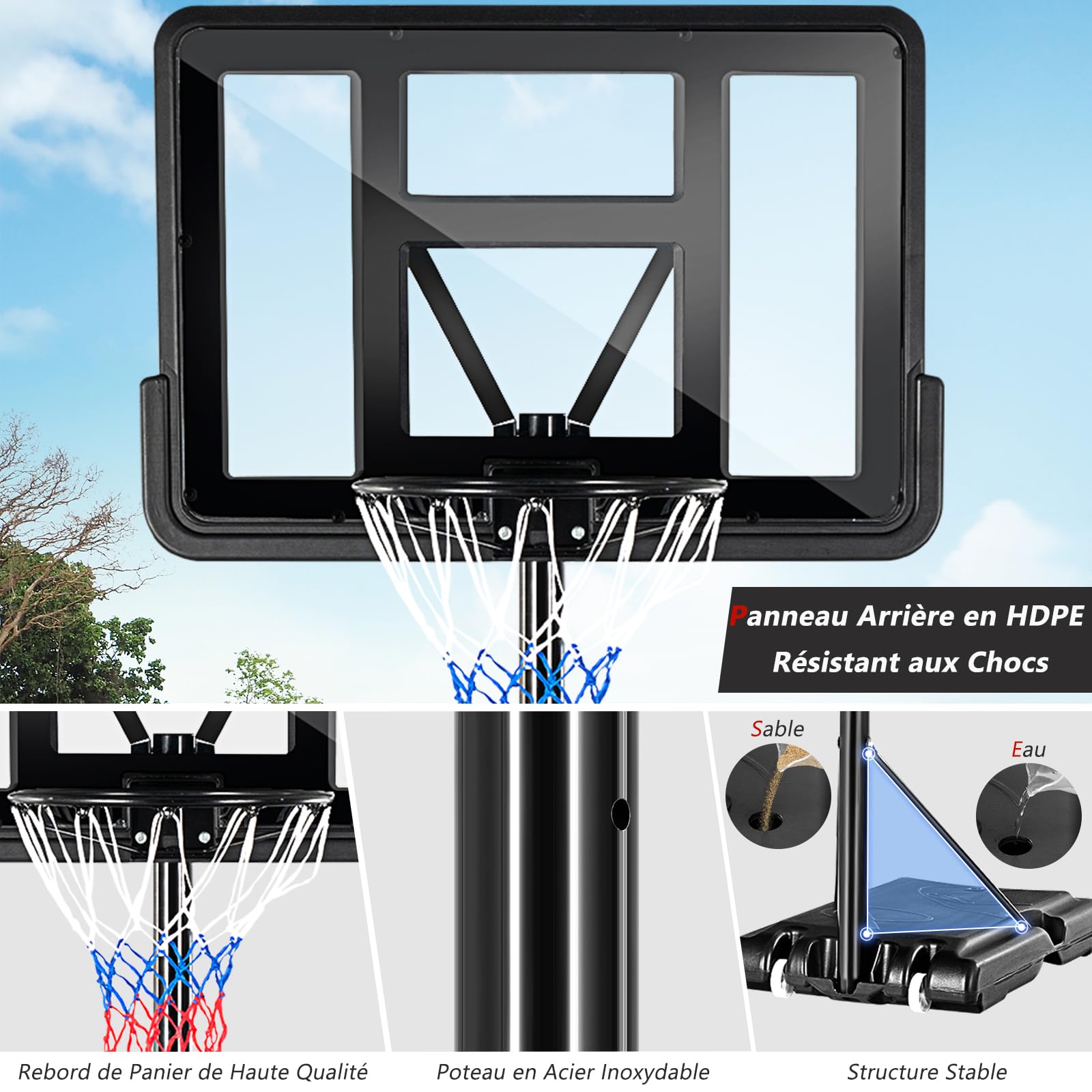 GYMAX Panier Basket Extérieur pour Enfants Adultes, Hauteur Réglable 130-305CM, Mobile Portable avec Roues, Base Stable Remplissable, Panneau Anti-bris