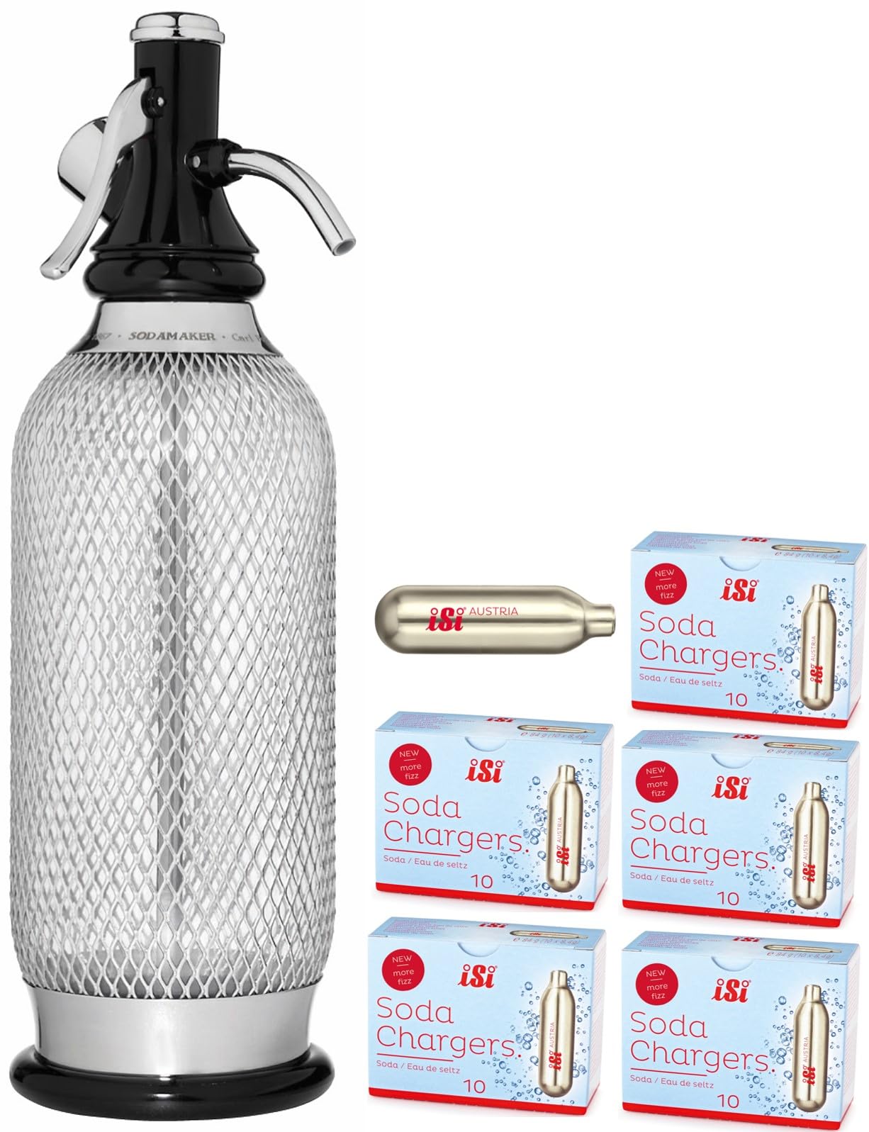 iSi Classic Sodamaker Set with Soda Siphon Chargers, 50-Pack - Stainless Steel 1-Quart Sparkling Water System & CO2 Carbonation Chargers for Carbonated Drinks, Juices, Cocktails - Made in Austrian