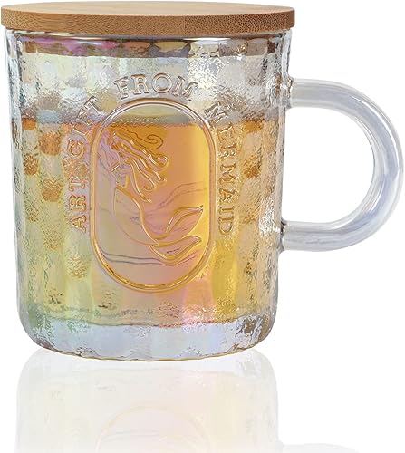 G Taza de café de sirena iridiscente de vidrio con tapa de bambú de 12 onzas, accesorios de barra de café, vasos de café helado, ideal para