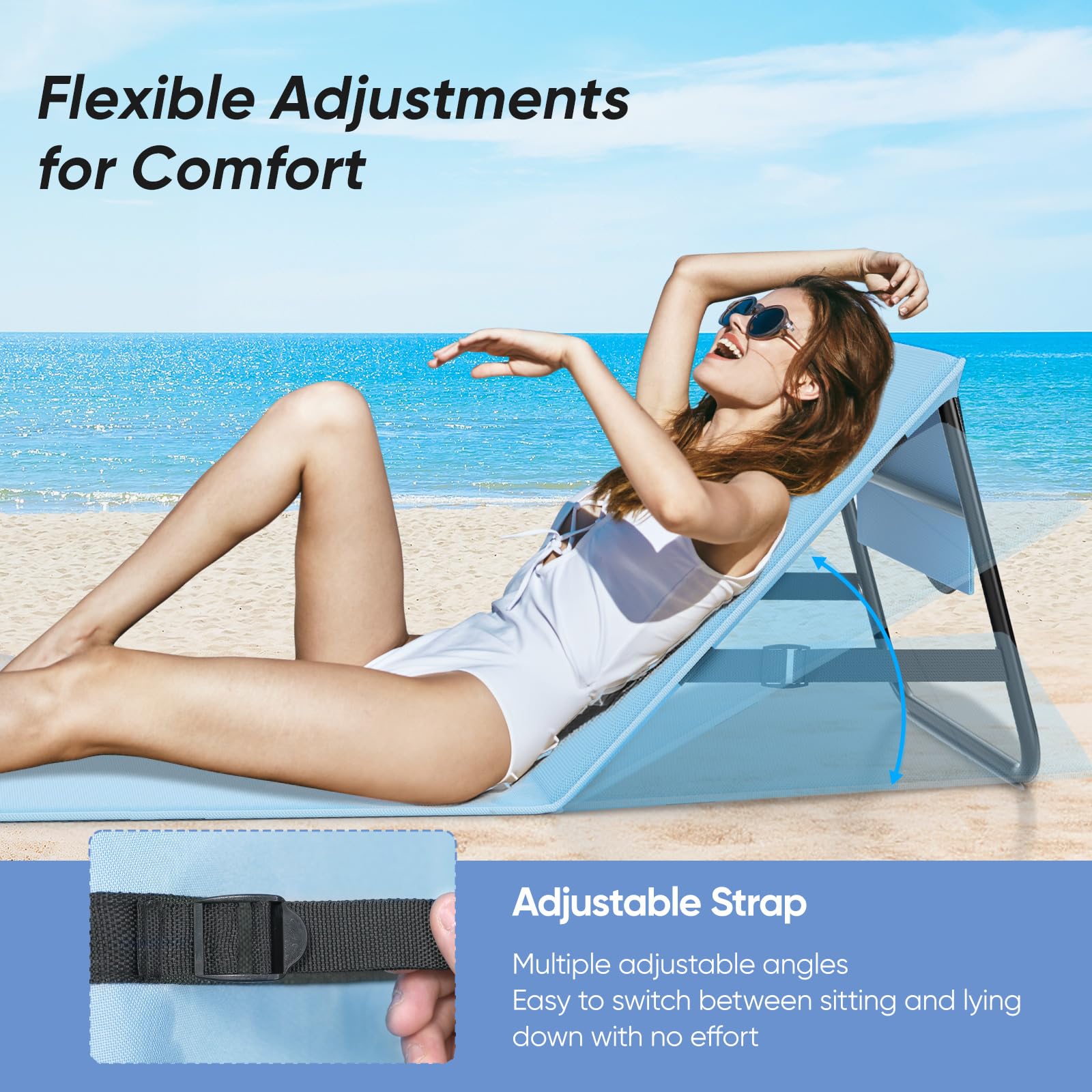 WildFun Chaise de Plage Portable, Chaise de Plage Pliante，Adjustable Lightweight Tanning Chair for Outdoor Sand Camping Sunbathing (1pcs, Bleu et Blanc)
