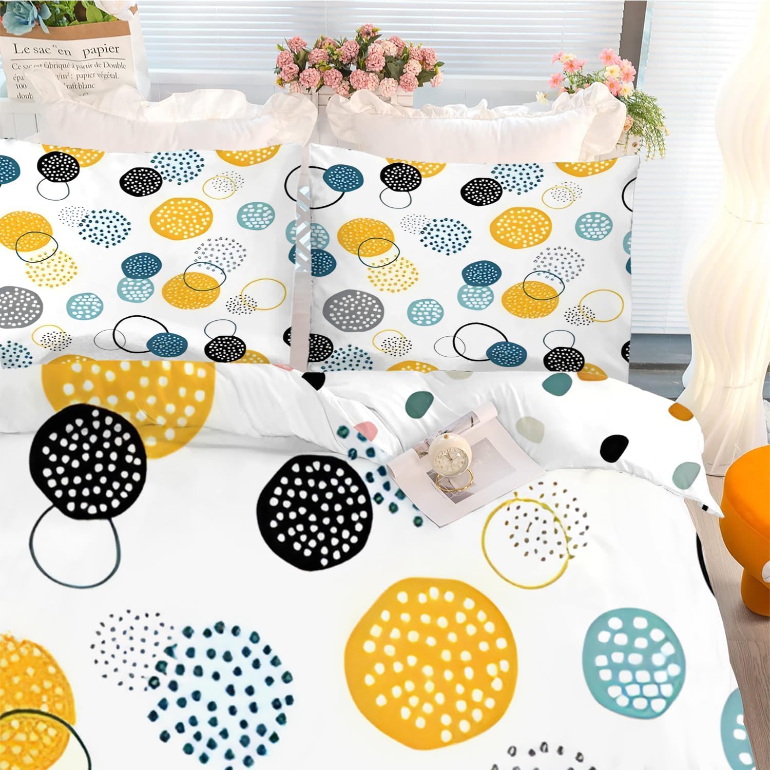 Komplet Pościeli Dla Niemowląt Blue Dots - Biało-pomarańczowa Dwustronna Poszwa Na Kołdrę 100x135 Cm Poszewka Na Poduszkę 40x60 Cm - Nowoczesny, White Orange, Double(3 Piece)
