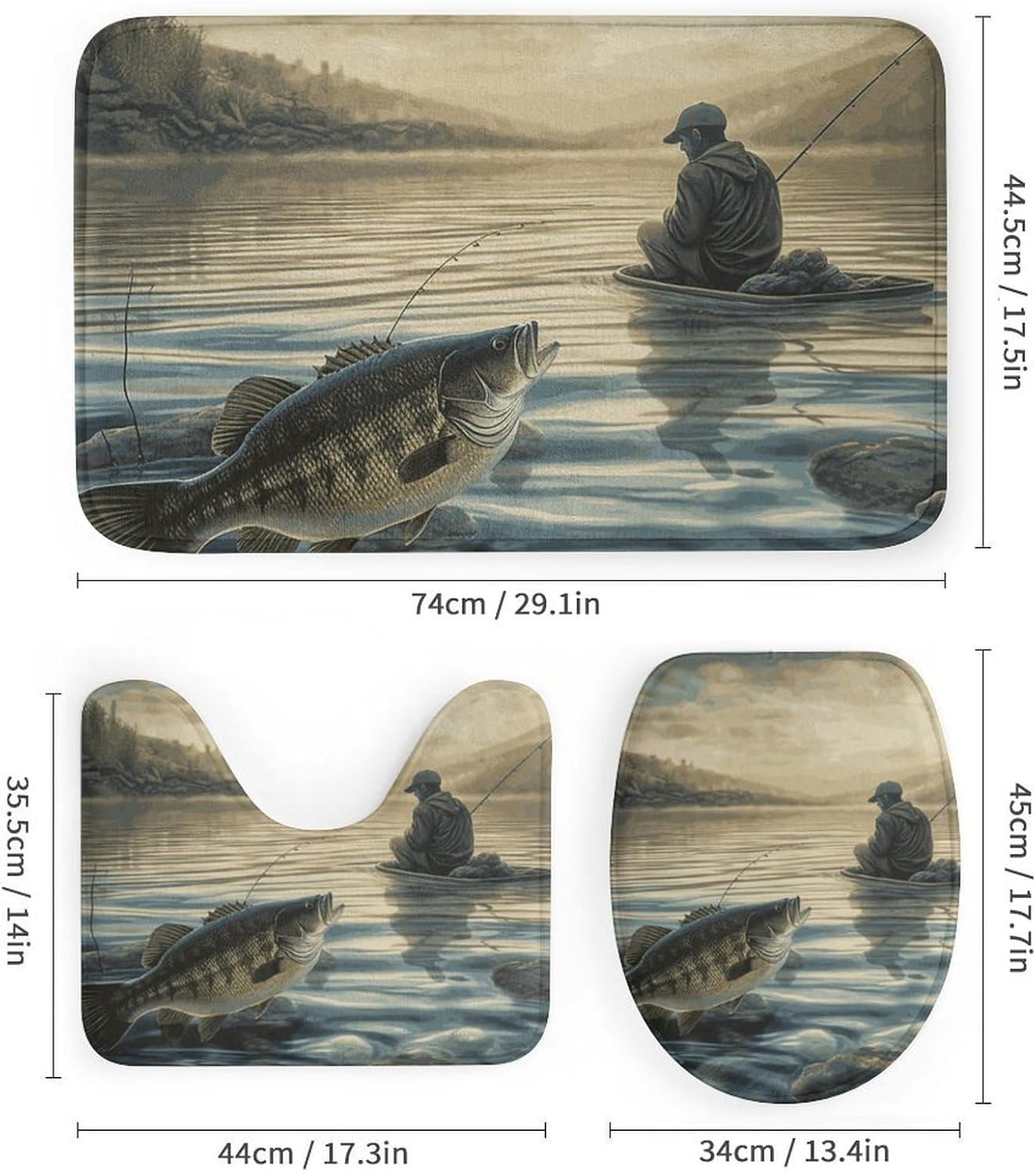Lake Fish Fishing Shower Curtain Set 4 Piece, Non-Slip Bath Mat with Toilet Lid Cover and Waterproof Shower Curtain with 12 Hooks, Complete Bathroom Set for Home Decor