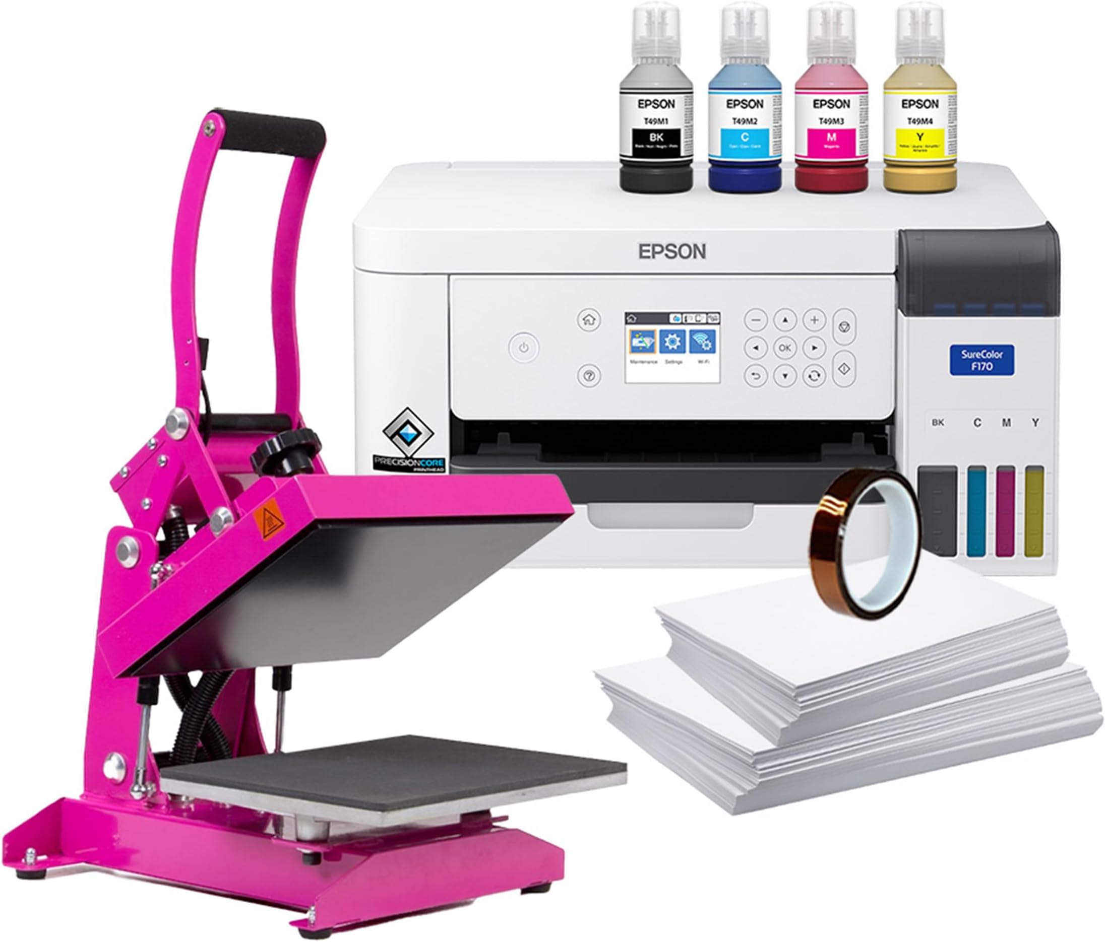 Epson SureColor F170 Dye-Sublimation Printer. Includes Full Set of Ink, User Guide, AC Power Cable, 9" x 12" Heat Press, Thermal Tape, 8.5" x 11" & 8.5" x 14" Paper SCF170