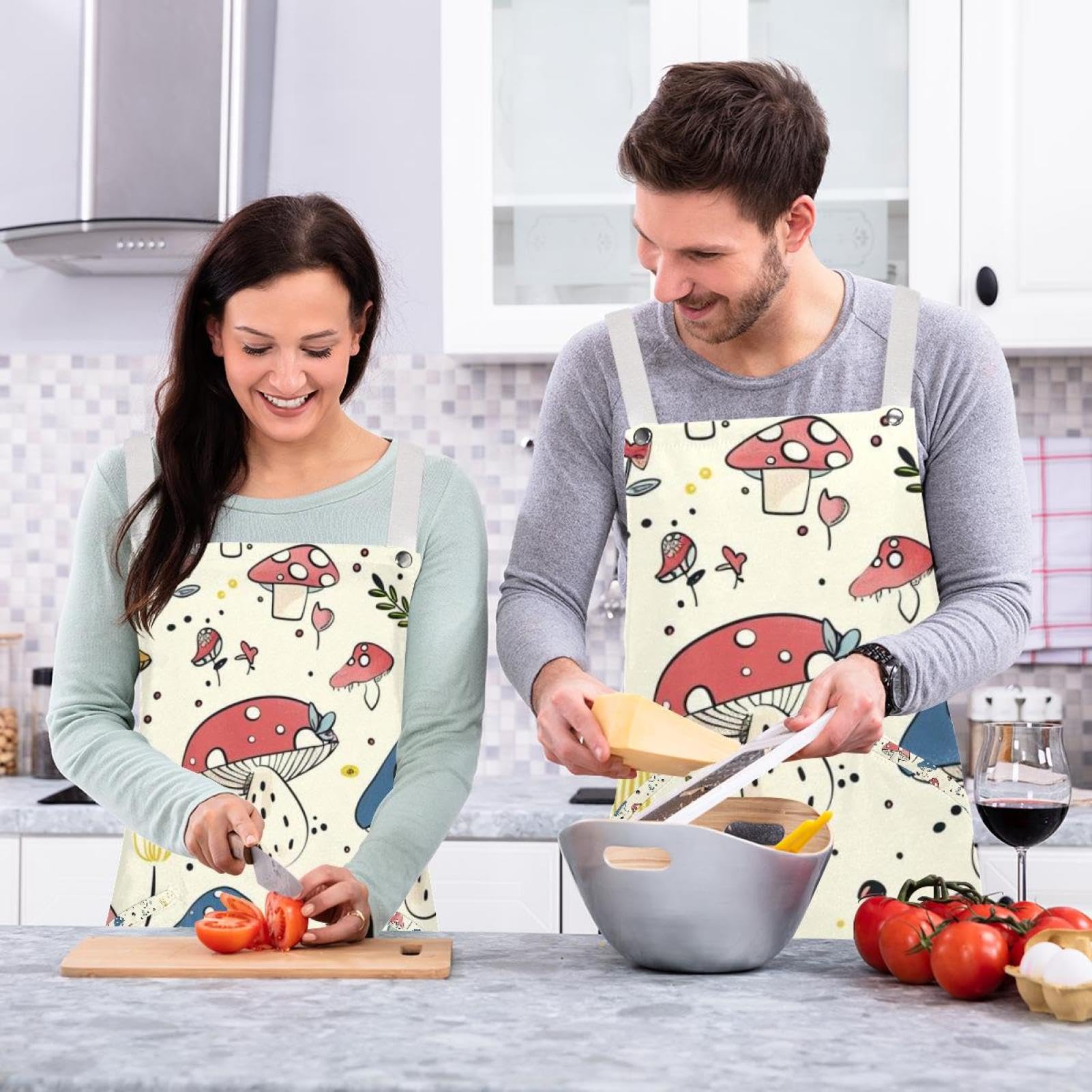Lot de 2 tabliers de cuisine doux et réglables avec 2 grandes poches pour homme et femme Motif champignons colorés, Champignons colorés mignons, L:26.2x34.6in/66.5x88cm;M:26.2x26.6in/66.5x67.5cm