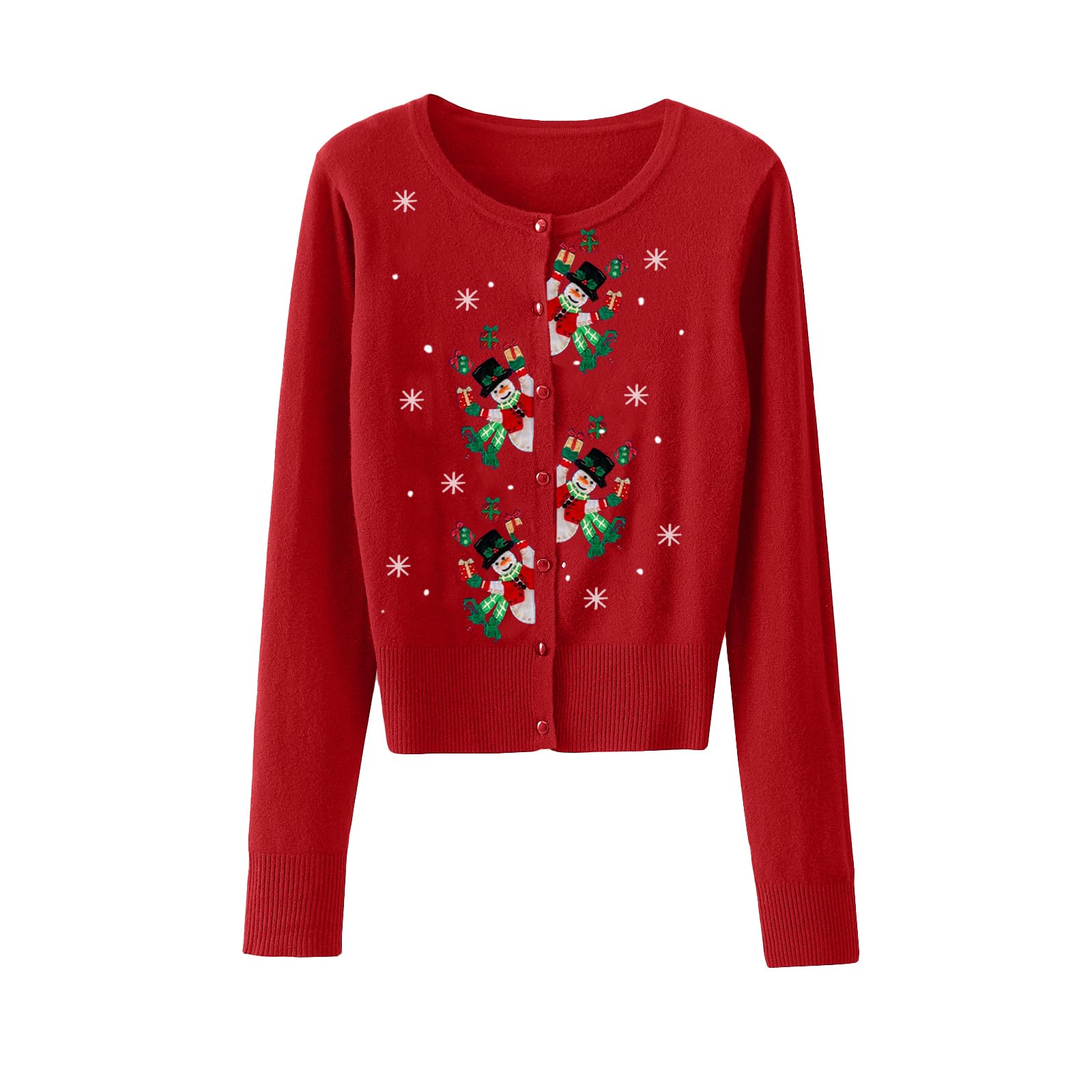 Womens Christmas Cardigan Casual Funny Snowman Button Down Open Front Knit Cute Embroidery Sweater Holiday Party