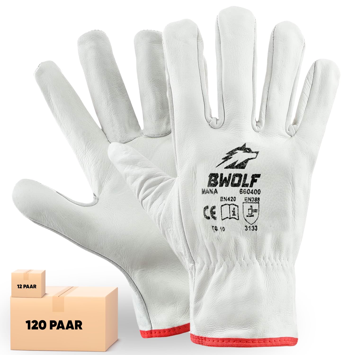 BWOLF Mana Lot de 12/60 Paires de Gants de Travail Cuir Gants Cuir Travail, Résistants à la Déchirure avec Poignet Élastique (10, 12 pièces)