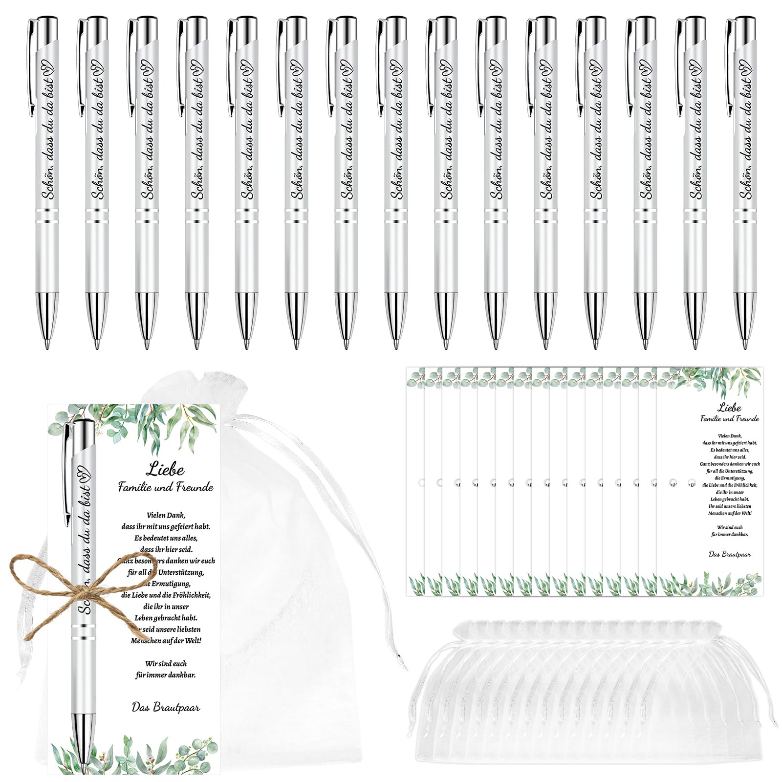 Hochzeitsgeschenke für Gäste, 15er Gastgeschenke Hochzeit Kugelschreiber Schön Das du da Bist Druckkugelschreiber Organzabeutel Hochzeit Mitgebsel Party Geschenkset für Familie und Freunde