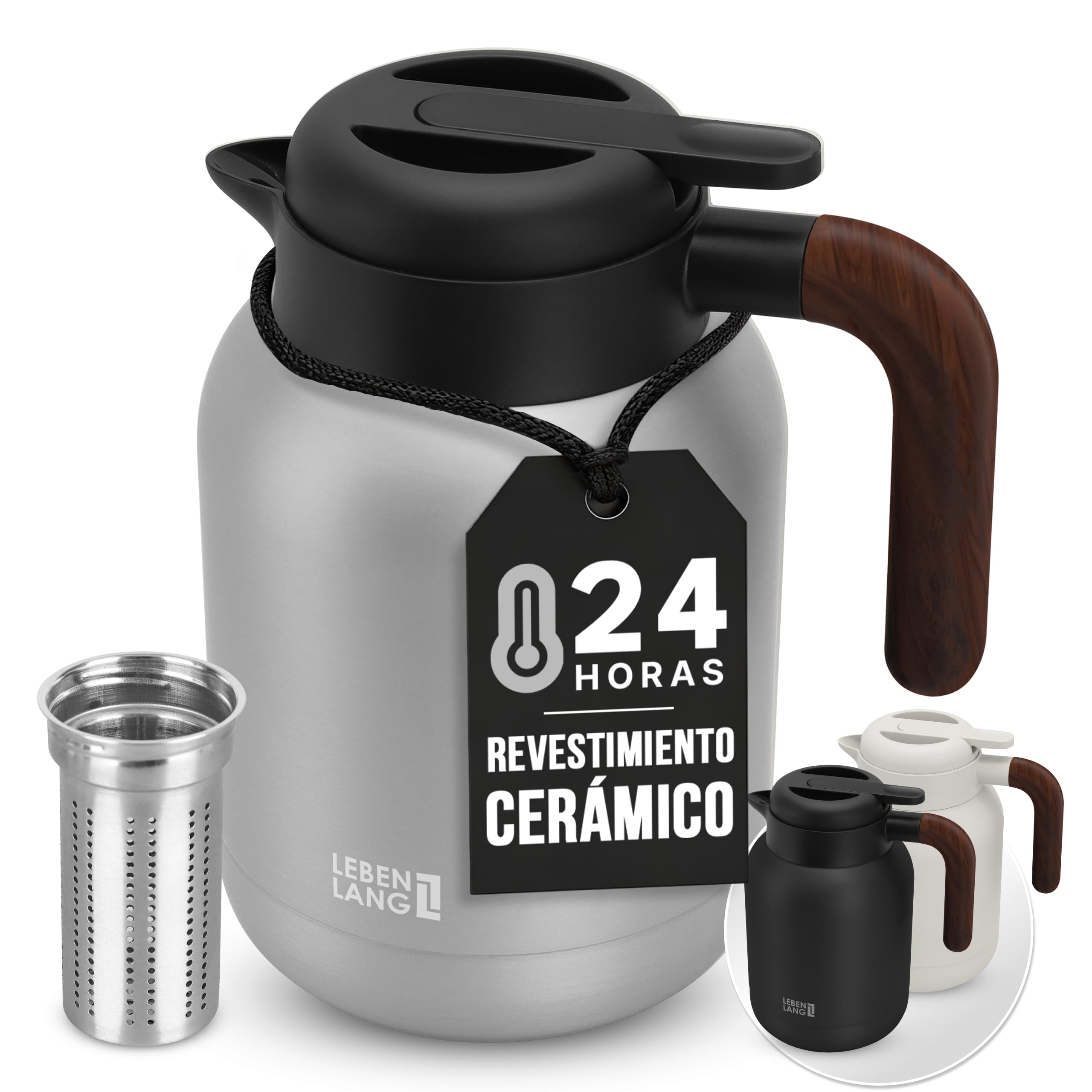 LEBENLANG Termo para cafe 1,5 l Gris - Revestimiento cerámico & sin BPA I Mantiene el calor durante 24 horas & incl. colador de té I Termos agua caliente Thermos café acero