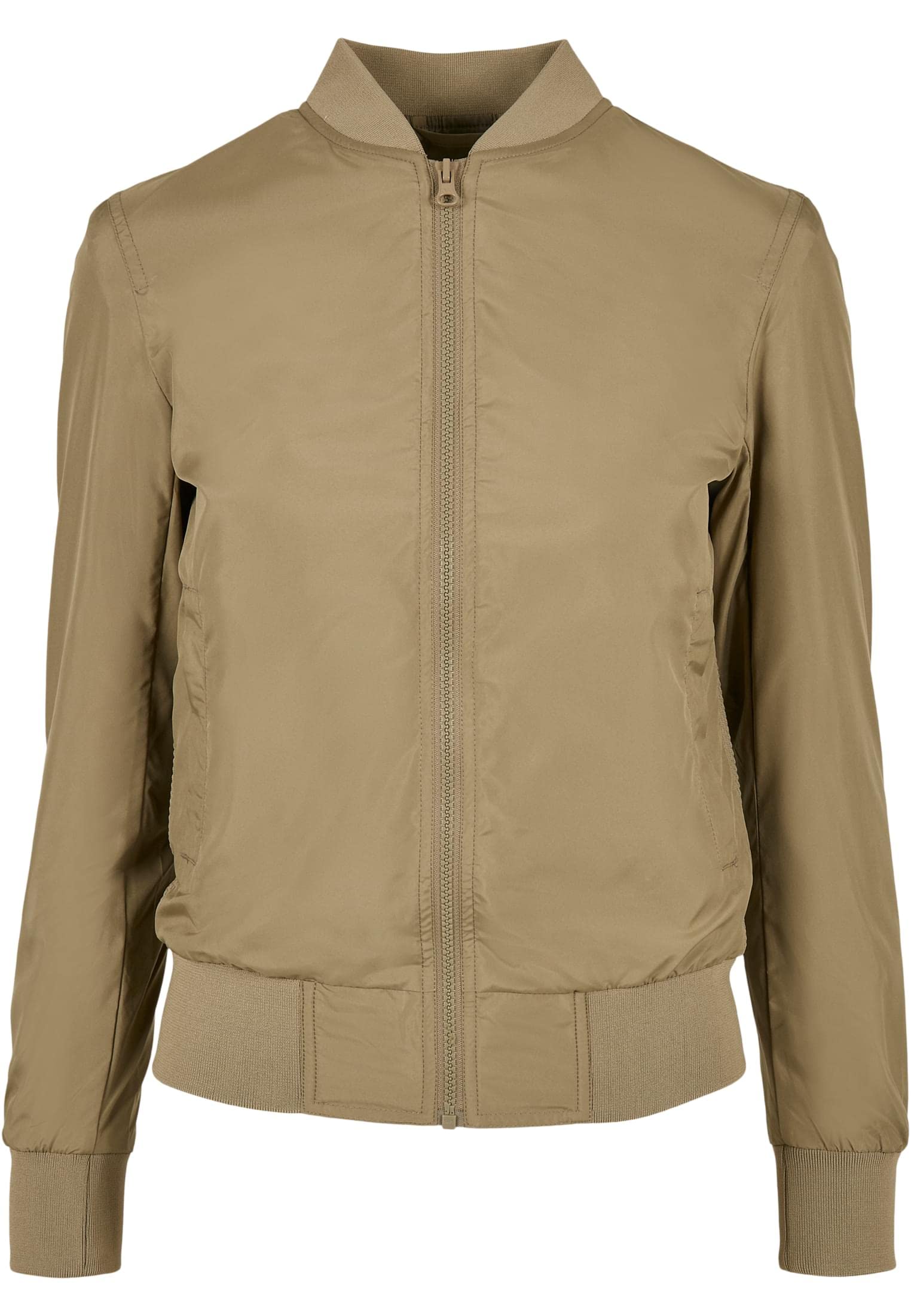 URBAN CLASSICS Women's Light Bomber Jacket with Ribbed Cuffs, Lightweight Flight Jacket for Mid-Season Weather, Longsleeve Jacket with Zipper & Pockets, Colour: Khaki, Size: Large