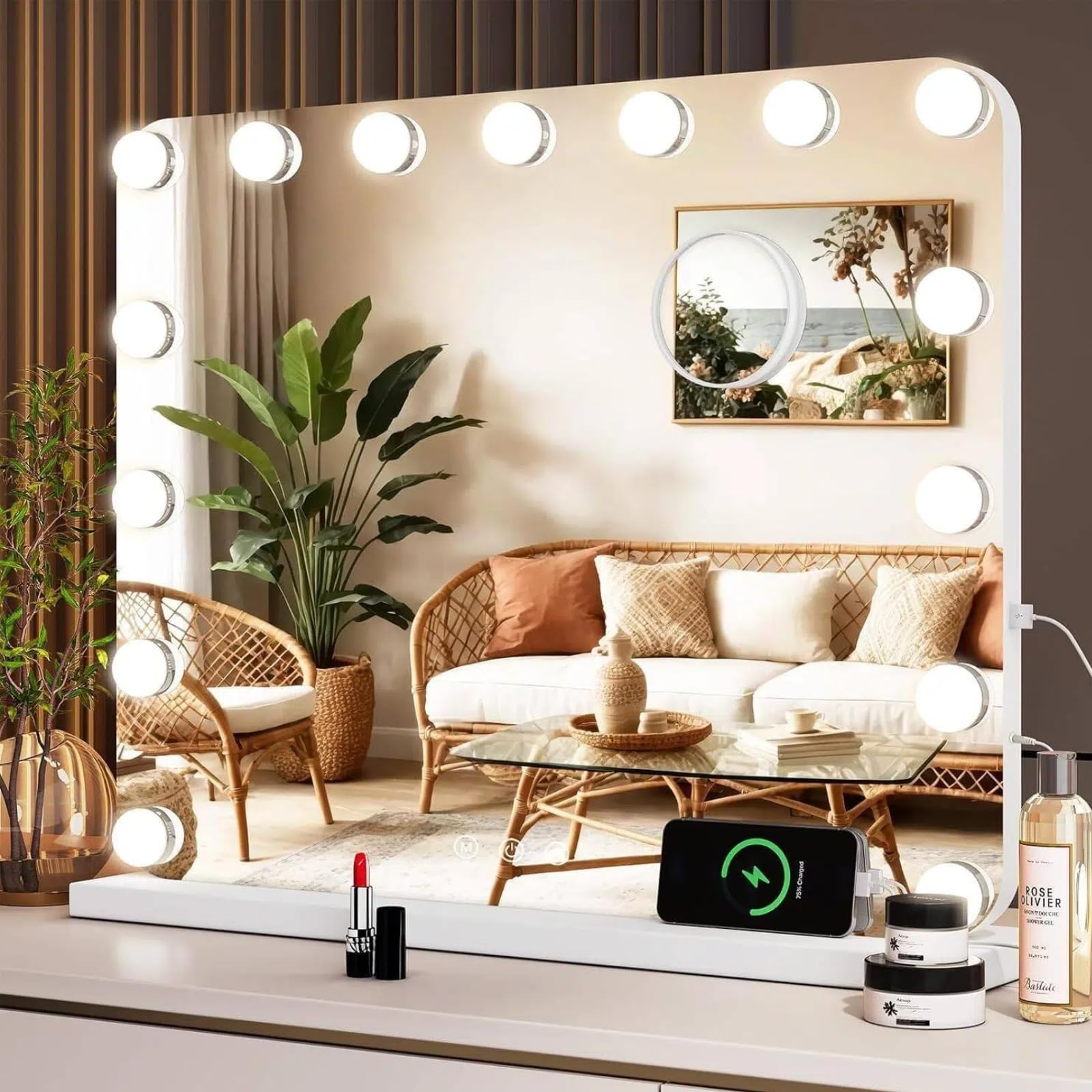 Clevich Hollywood Specchio Trucco con Luci,50 x 40 cm Specchio con 15 Luci LED, 3 modalità Luce e controllo touch, porta USB, Specchi da parete o da tavolo (bianco)