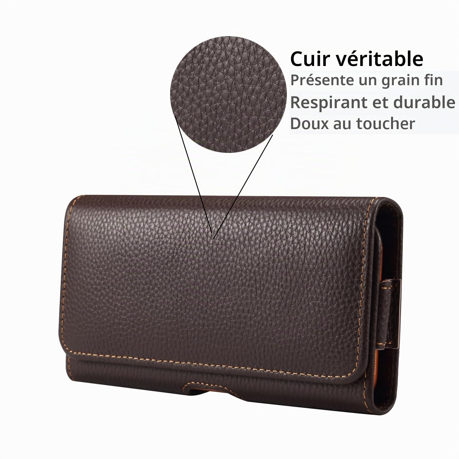 Étui Ceinture Cuir Véritable pour Téléphone 6,7-6,9 Pouces- Brun | Compatible Samsung A56 A26 A16 A36 A17 A06 Xcover7, Compatible Xiaomi 15T, Compatible iPhone Air 16 Pro Max Plus