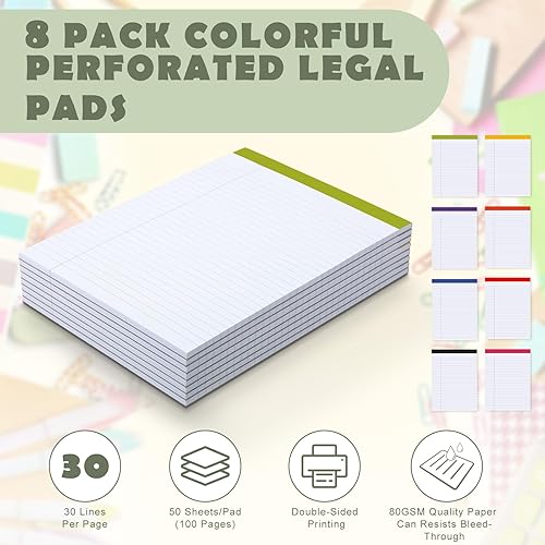 Miniatura 6 de Yeaqee 8 blocs legales forrados de 8.5 x 11 pulgadas, bloc de notas de colores surtidos perforadas, 50 hojas de papel con rayas anchas, blocs de