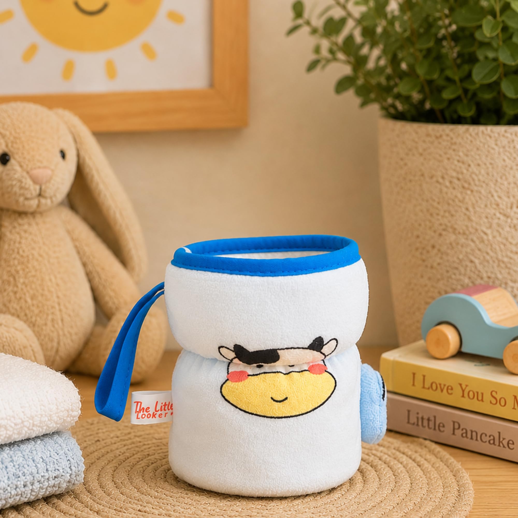THE LITTLE LOOKERS Soft Plush Stretchable Baby Feeding Bottle Cover with Easy to Hold Strap | Cute Animated Overall Print Pack of 2 (Pink & Blue, Wide Neck 125ml/4oz) Cartoon Print May Very 3