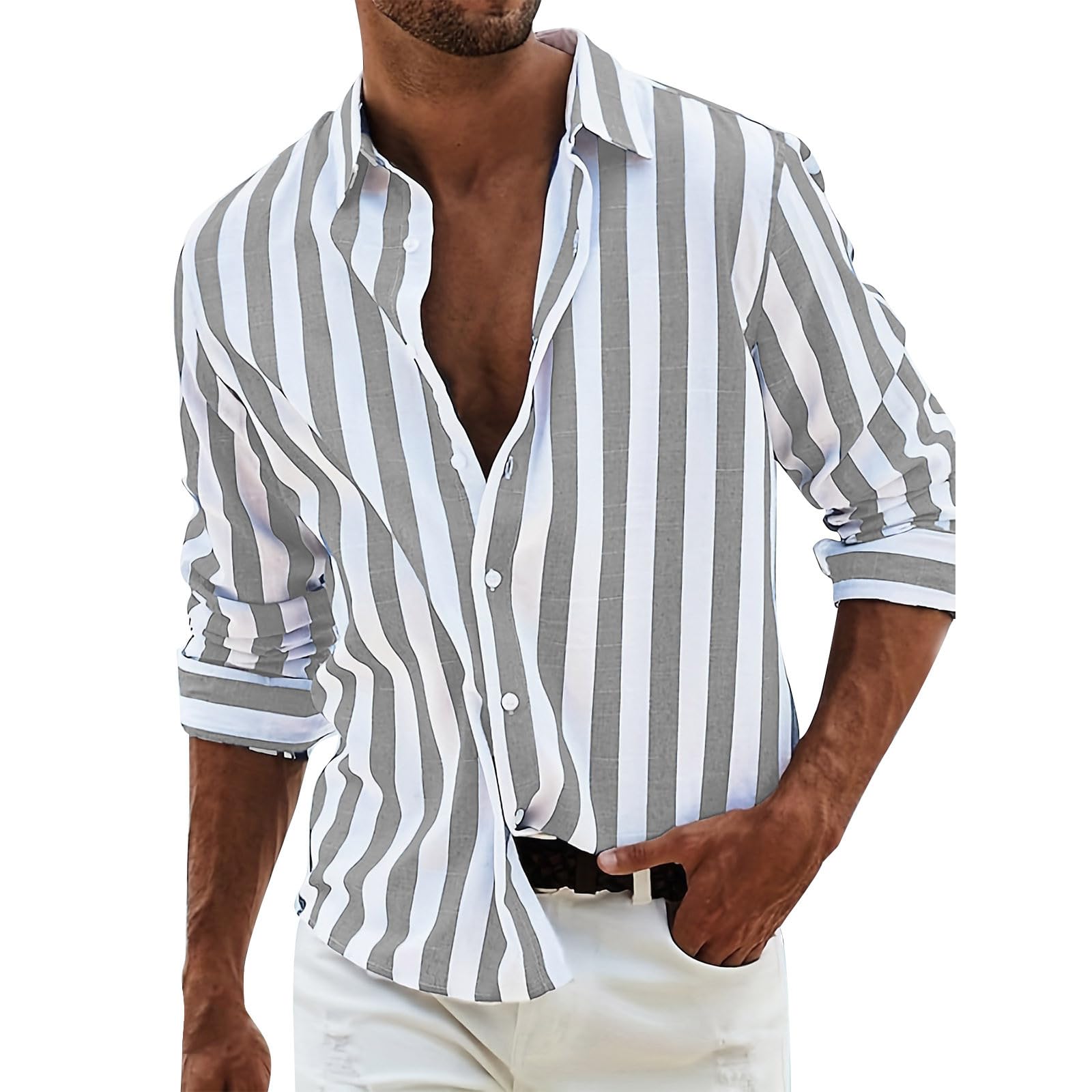 PODOLIXIA Camisa de lino para hombre, camisa de manga larga de verano, camisa de manga larga a rayas, camisa de lino de corte regular, camisa de playa con botones