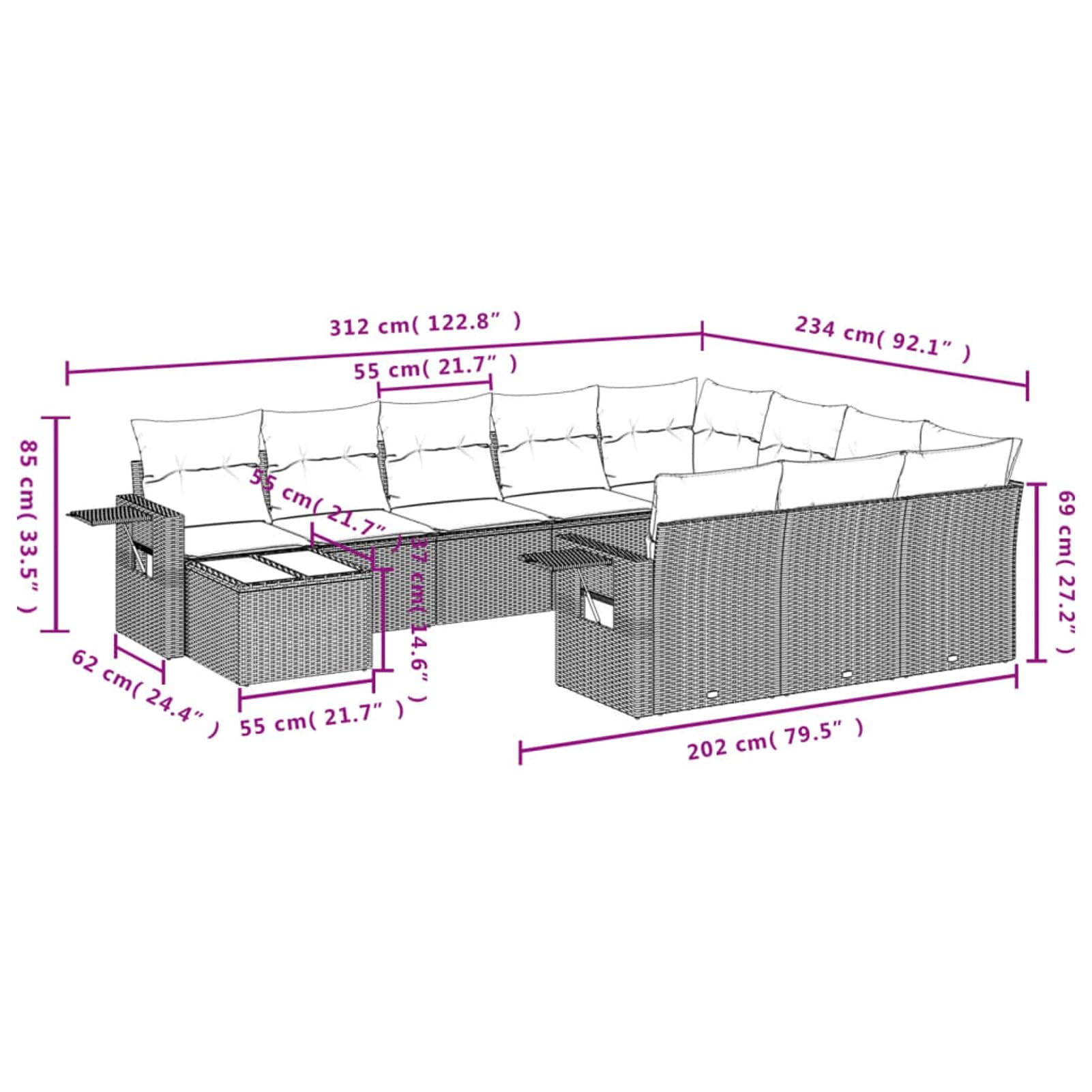 Set Divani da Giardino 11 pz con Cuscini in Polyrattan Grigio, PL3253069