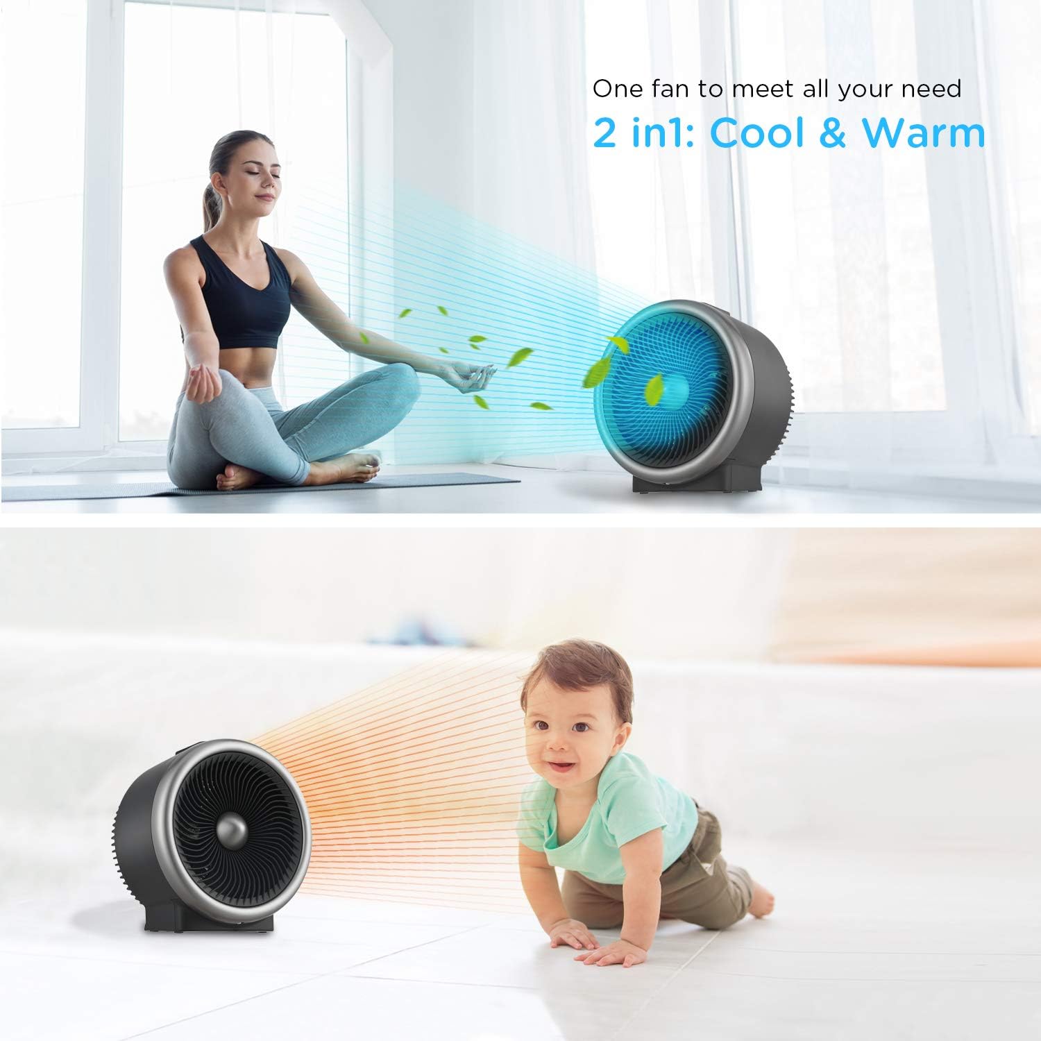 Two images: top shows a person meditating with cool air from the fan, bottom shows a baby crawling near the heater with warm air