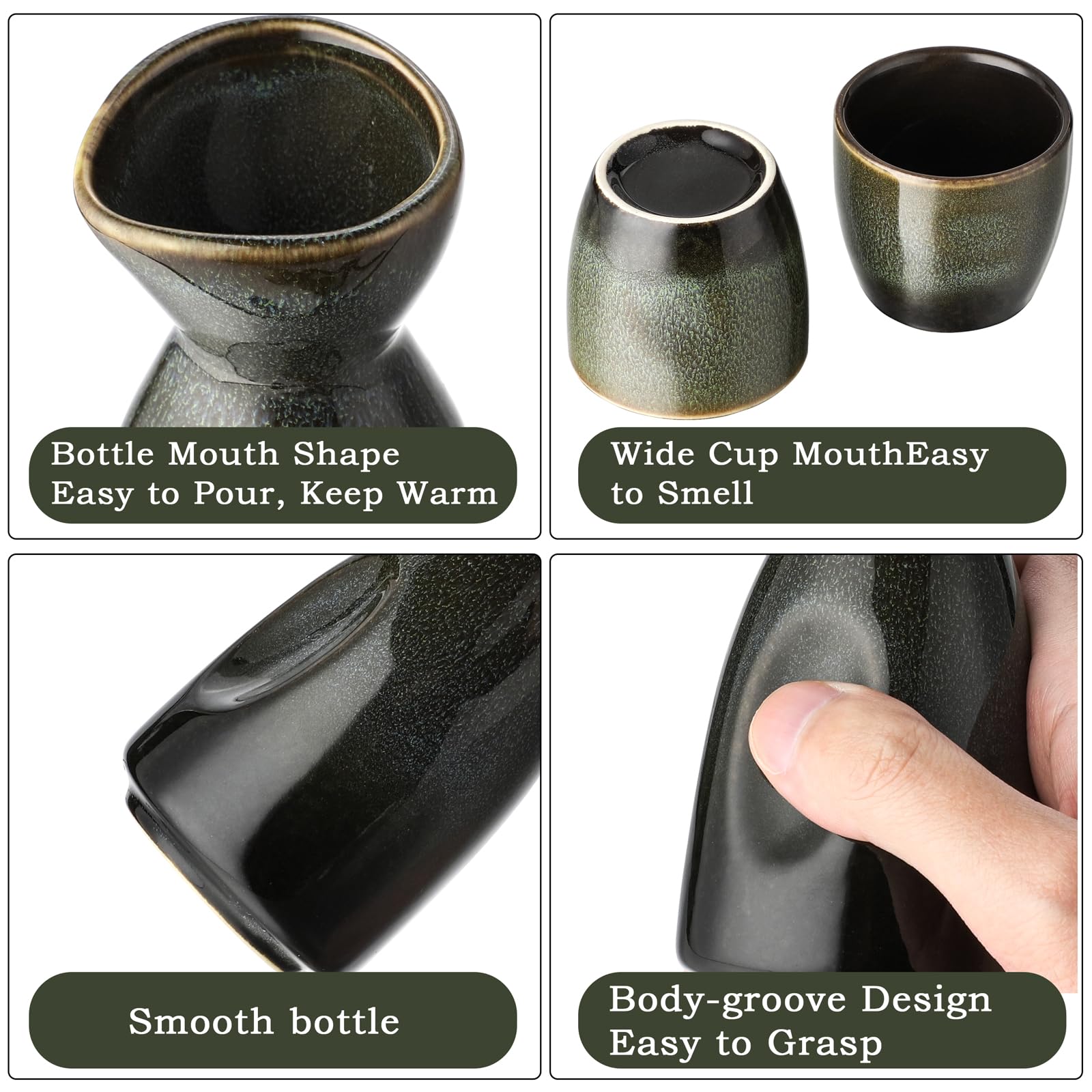 Lot de 1 pot à saké en céramique pour chauffe-liqueur et 4 gobelets à saké (vert noir)
