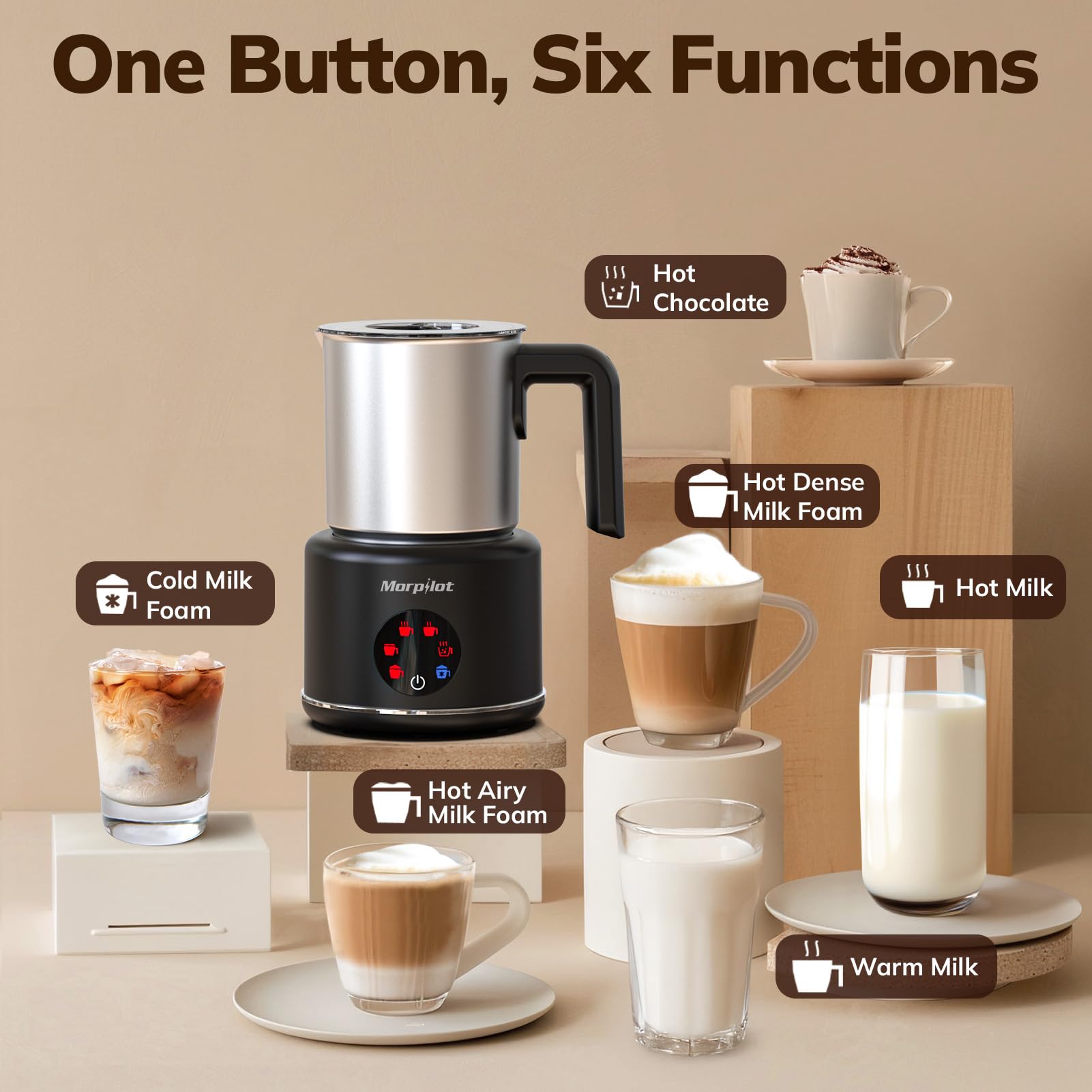 Morpilot Espumador de Leche Eléctrico 500ml, Calentador de Leche 6 en 1, para Espuma Caliente y Fría, Chocolate Caliente, Latte, Capuchino y Macchiato, Apto para Lavajillas, Acero Inoxidable, Negro