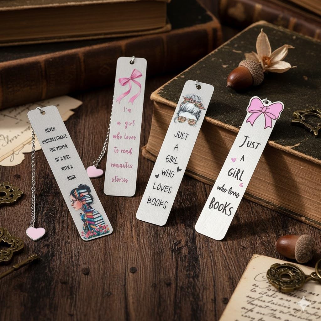 4PCS Cute Pink Bookmark Set, Funny Metal Bookmarks for Women & Adults, Book Club Reading Book Lover Gifts for Women (Pink Bow) - Image 4