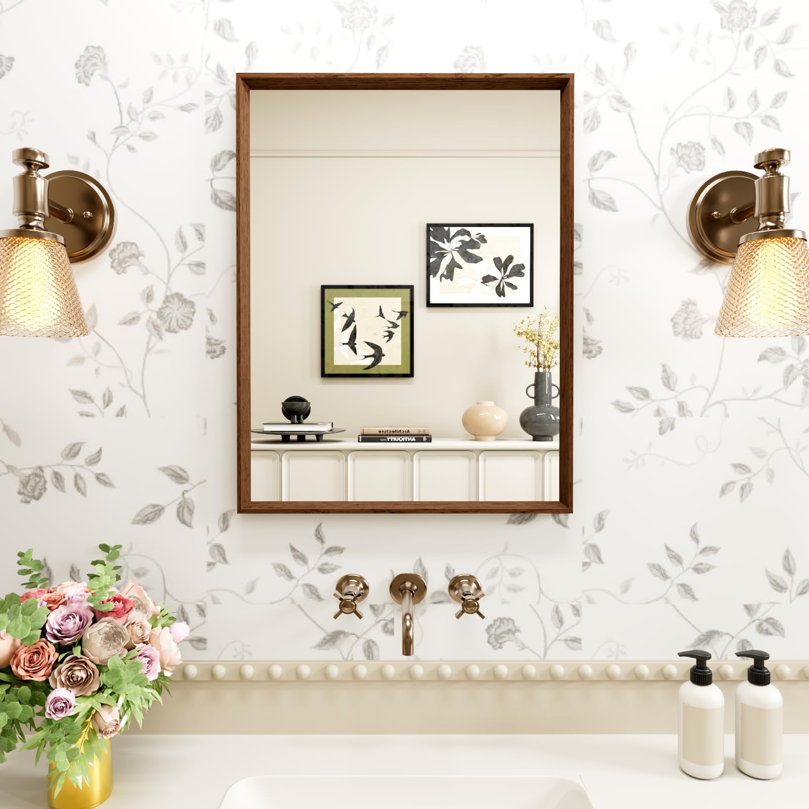WEER Brown Bathroom Mirror, 30x40cm Polymer Frame Rectangular Wall Mirror with Wood Effect, Moisture-Resistant Vintage Home Decor for Bathroom, Bedroom, Living Room, Horizontal or Vertical — image 1