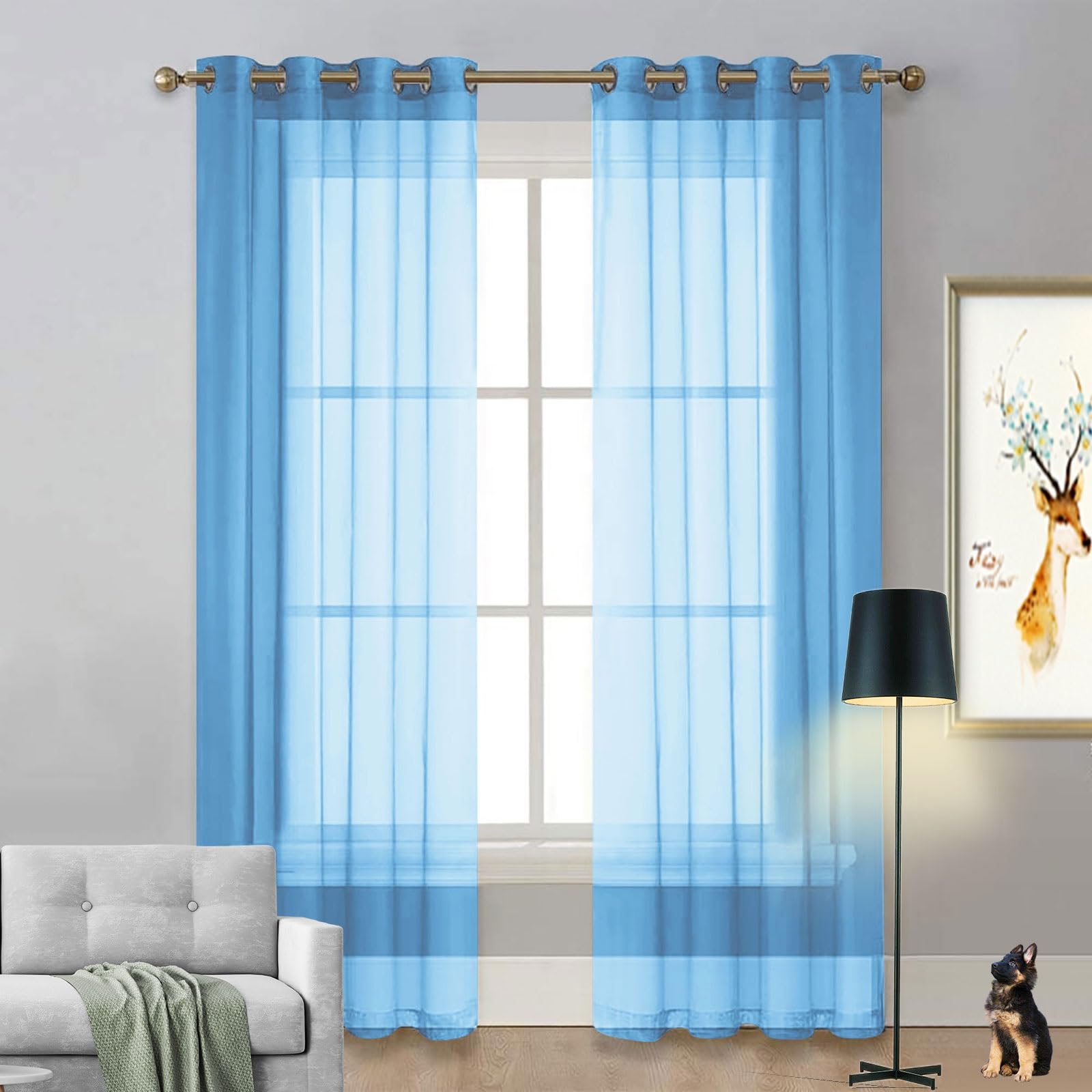 LIUNADM Window Treatments Volile Curtain for Bedroom 100 x 250 cm Sunlight Blocking & UV Protected Ring Top Curtain Pair Window Treatment for Bedroom, Kitchen, Nursery, Sky Blue