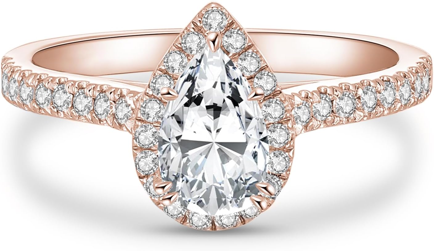 Halo Wedding Engagement Ring Sets for Women, 1.5 Carat (ctw) Pear-Cut Moissanite Bridal Sets Wedding Ring Sets, Halo Moissanite Wedding Band Set Engagement Anniversary Ring, Customizable 925 Sterling Silver/10K Gold/14K Gold/18K Gold