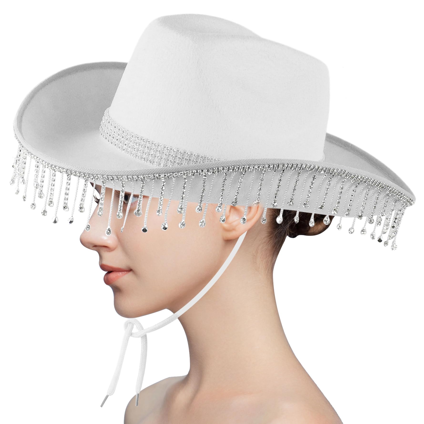 Sombrero de Vaquero Brillo para Mujeres rinate Fringe Novio Novio Gorro de Vaquero Sombrero de Vaquera con Correa de la Barbilla Sombrero de Boda de Vaquera Disco, Blanco