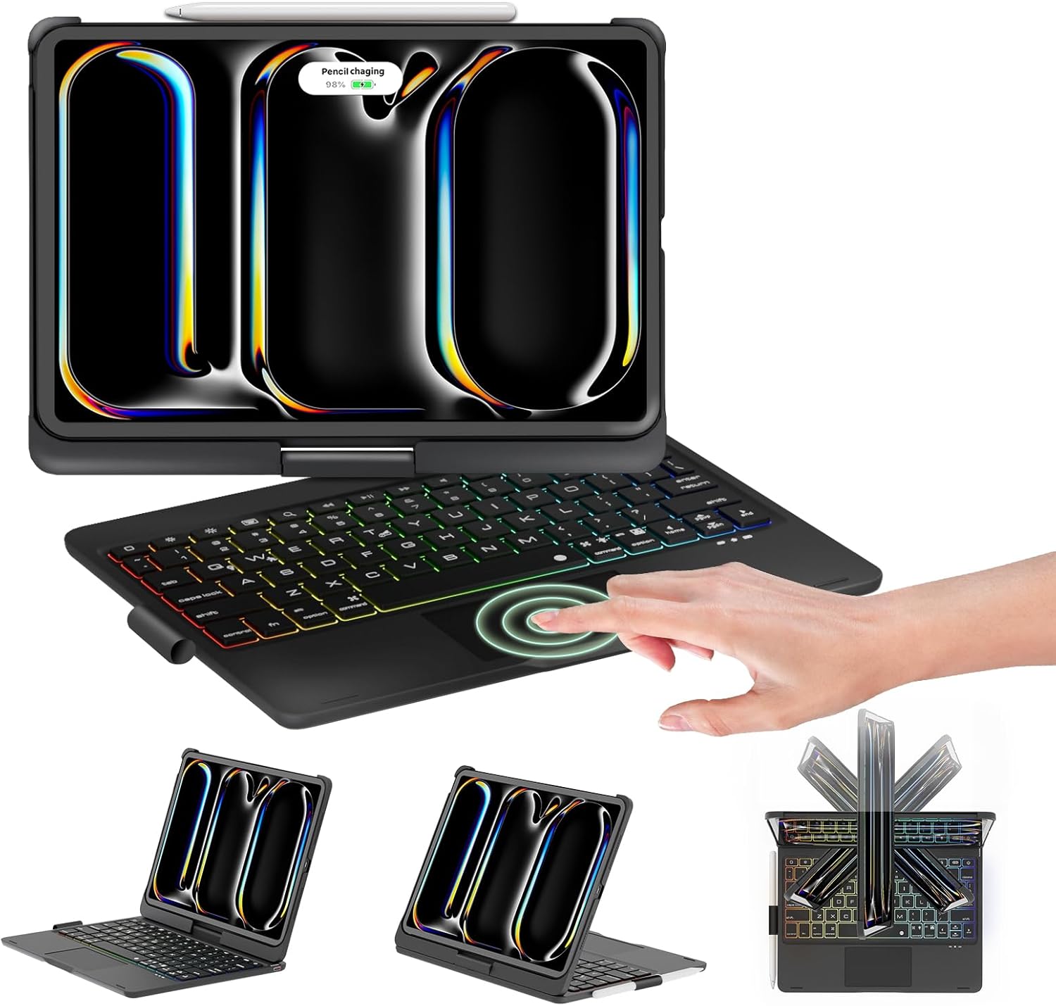 NOKBABO Keyboard Case for iPad Pro 11 inch(M5 2025 / M4 2024), Wireless Keyboard with Rainbow Backlight, Built-in Trackpad, 360°Rotatable & Pencil Holder, iPad Pro 11 M5/M4 Keyboard case - Black