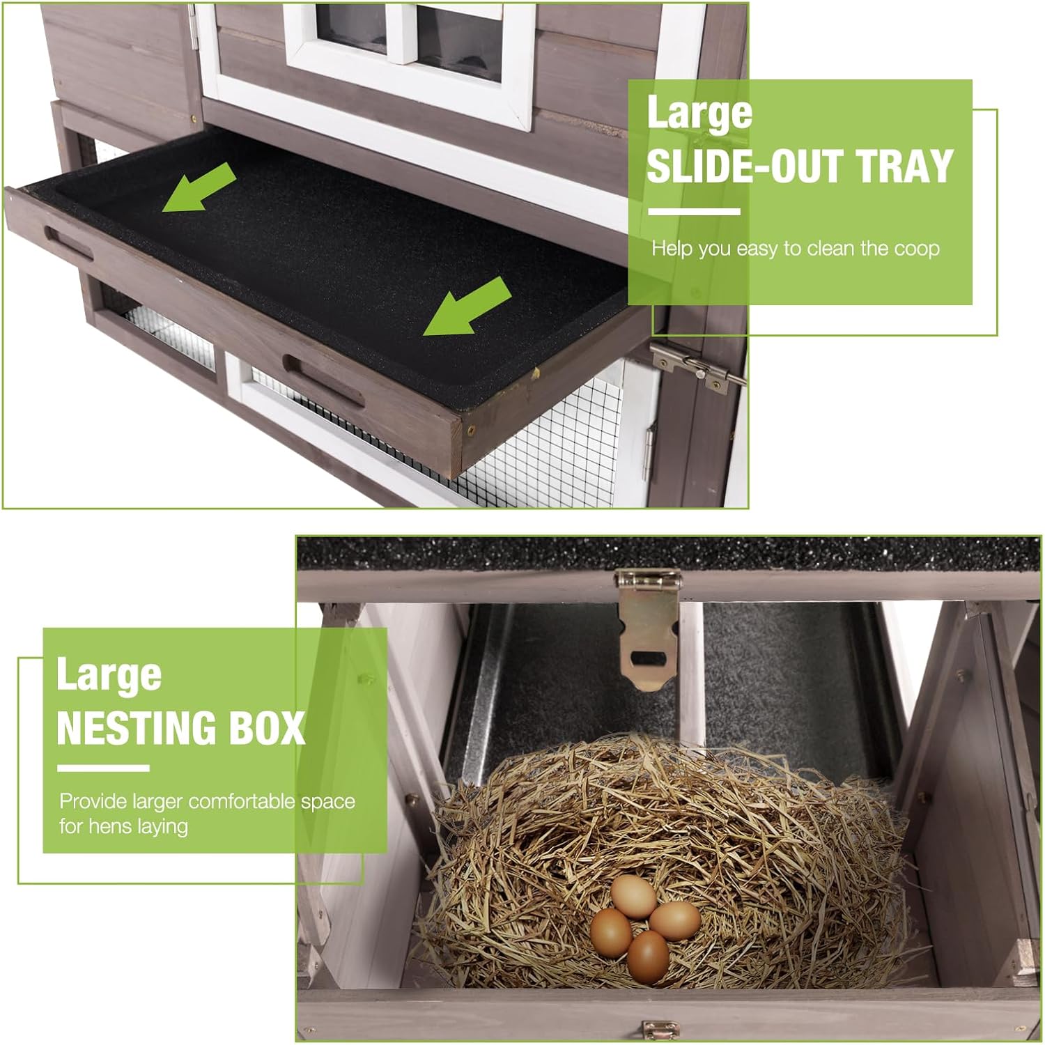 GUTINNEEN Chicken Coop with Wheels Mobile Outdoor Hen House Weatherproof Duck Cage with Large Nesting Box, Leak-Proof Tray, UV-Resistant Roof for 2-4 Chickens (Brown & White)
