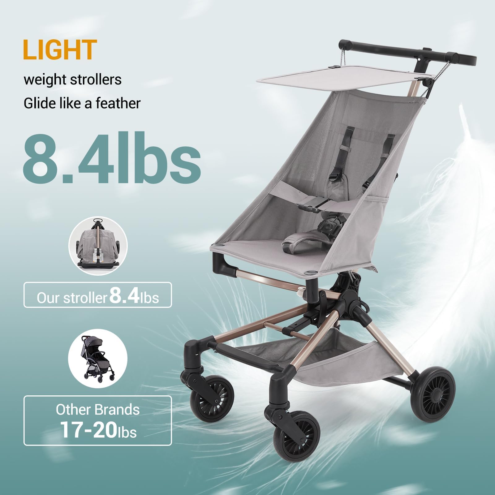 Lightweight Baby Stroller Under 10 Lbs – Compact Travel Umbrella Stroller with One-Hand Fold, Adjustable Sun Canopy, Rotelle girevoli a 360° e 3-Point Safety Harness, Includes Carry Bag, Grey