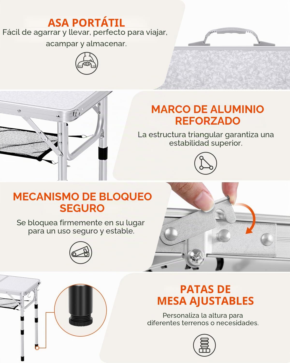 Sportneer Mesa Plegable Camping 60x40 cm, Mesa de Camping Plegable con Capa de Malla, 4 Alturas Ajustables, Mesa Camping Plegable Portátil con Patas de Aluminio para Picnic, Playa y Aire Libre