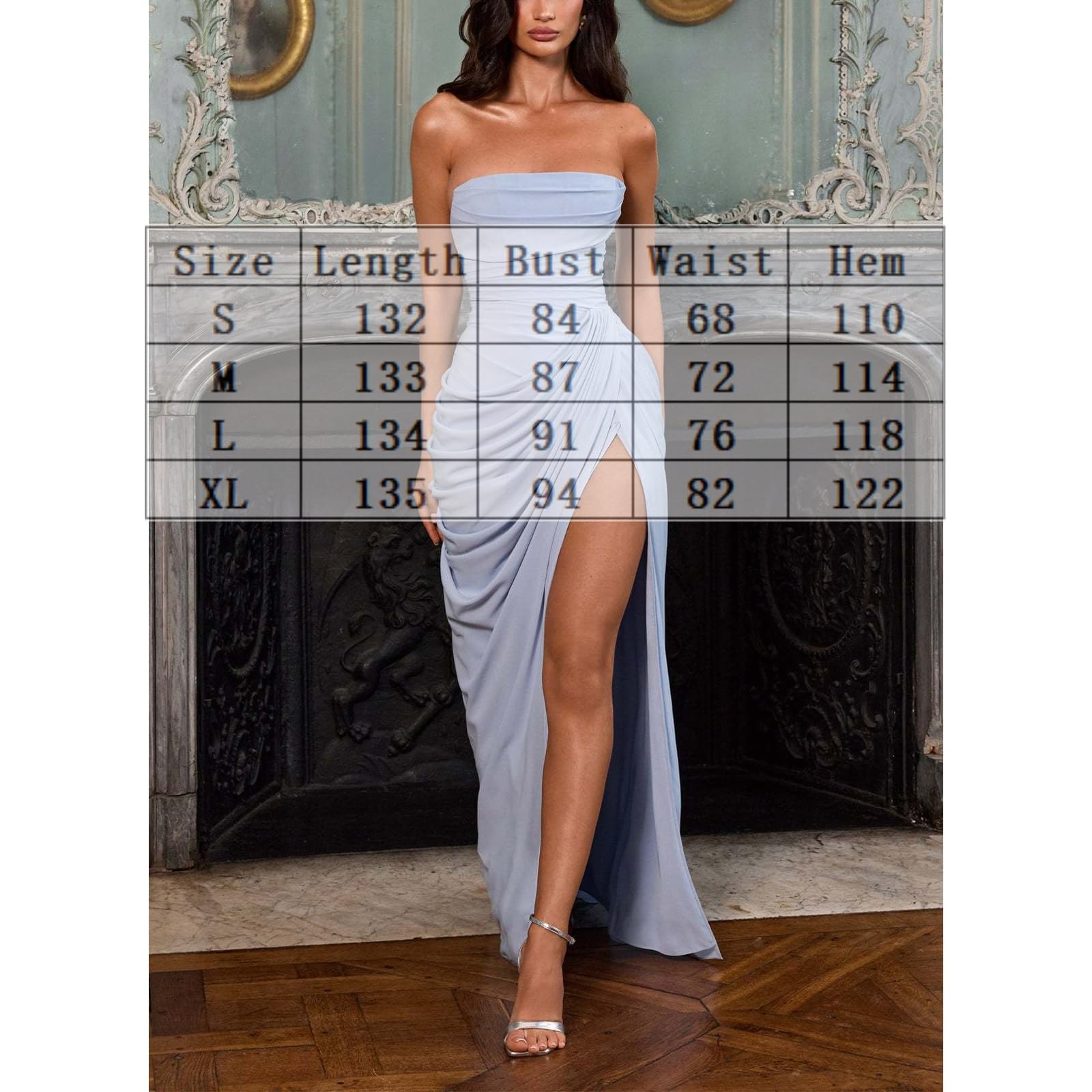 Generico Abito Lungo Elegante da Donna, Modello a Sirena con Corpetto Drappeggiato e Arricciato, Senza Spalline e con Profondo Spacco Laterale.