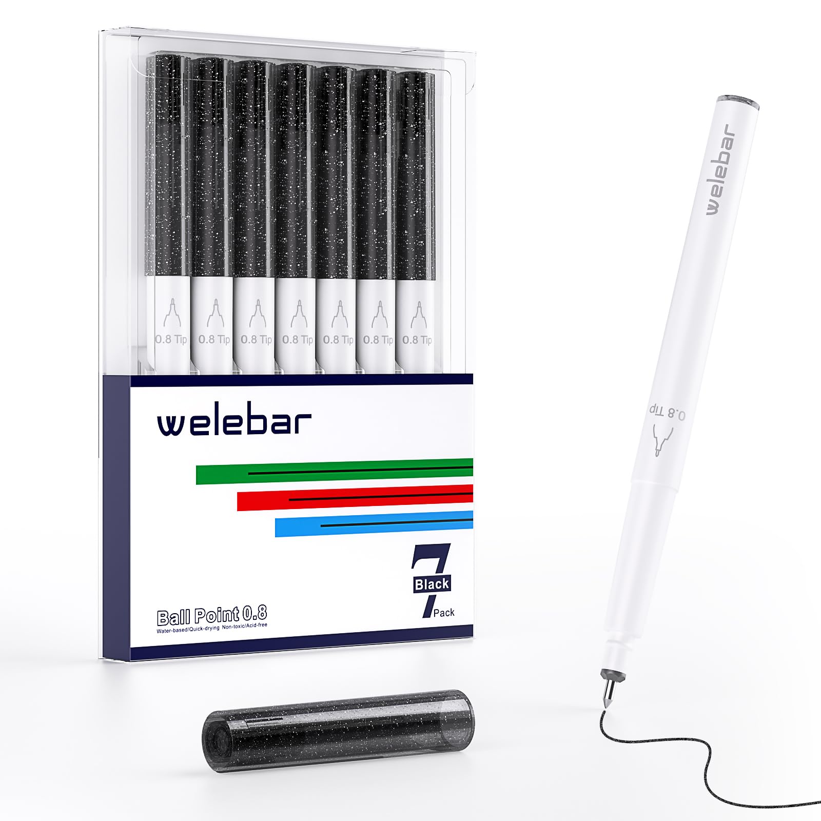 Welebar Black Glitter Gel Pens for Cricut Maker 3/Maker 4/Explore 3/Explore 4/Air 2, 7 Pcs 0.8mm Ballpoint Pens for Writing, Drawing, Invitations, Cards