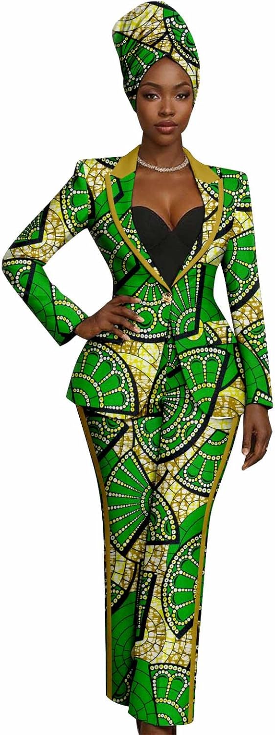 African Dashiki 2 Piece Set for Women – Reversible Print Cotton Blazer & Pants with Matching Headwrap